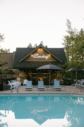 Outdoor pool, pool umbrellas, pool loungers