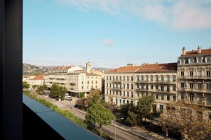 A cityscape with historic buildings, a clear sky, and a street with trees.
