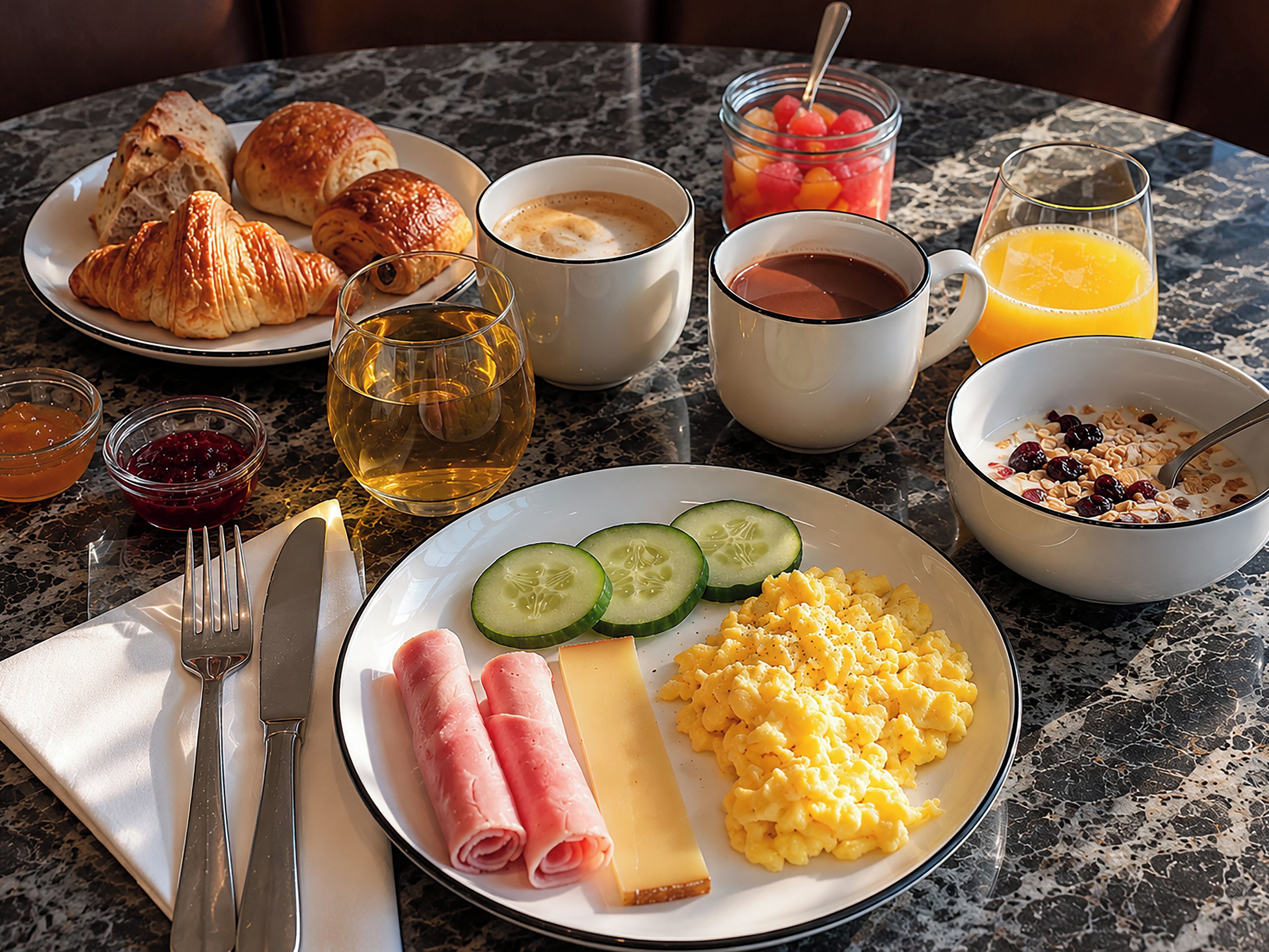 A breakfast setting with croissants, scrambled eggs, ham, cheese, and a variety of beverages on a marble table.