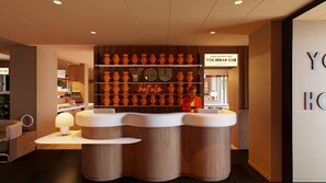 A reception desk with a modern design, a neon sign reading 'hotels', and a sign above stating 'CRUNCHY AND GROOVY HOTEL YOU URBAN CLUB'. - You Hotel de France Valence - Handwritten Collection. T3 26 (Valence)