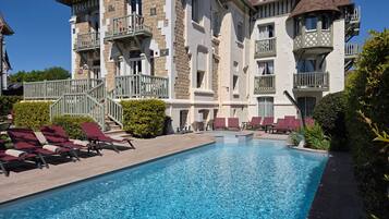 Seasonal outdoor pool, open 8:00 AM to 9:00 PM, pool umbrellas
