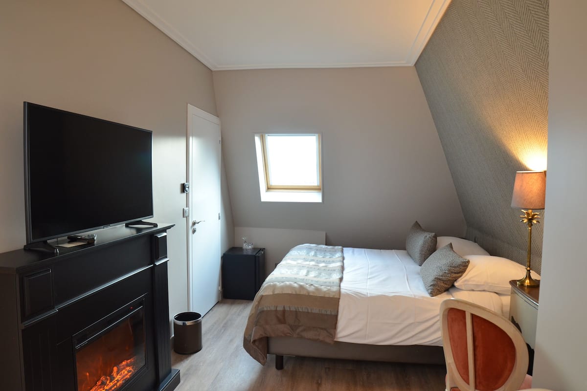 A bedroom with a TV, fireplace, bed, window, and lamp.