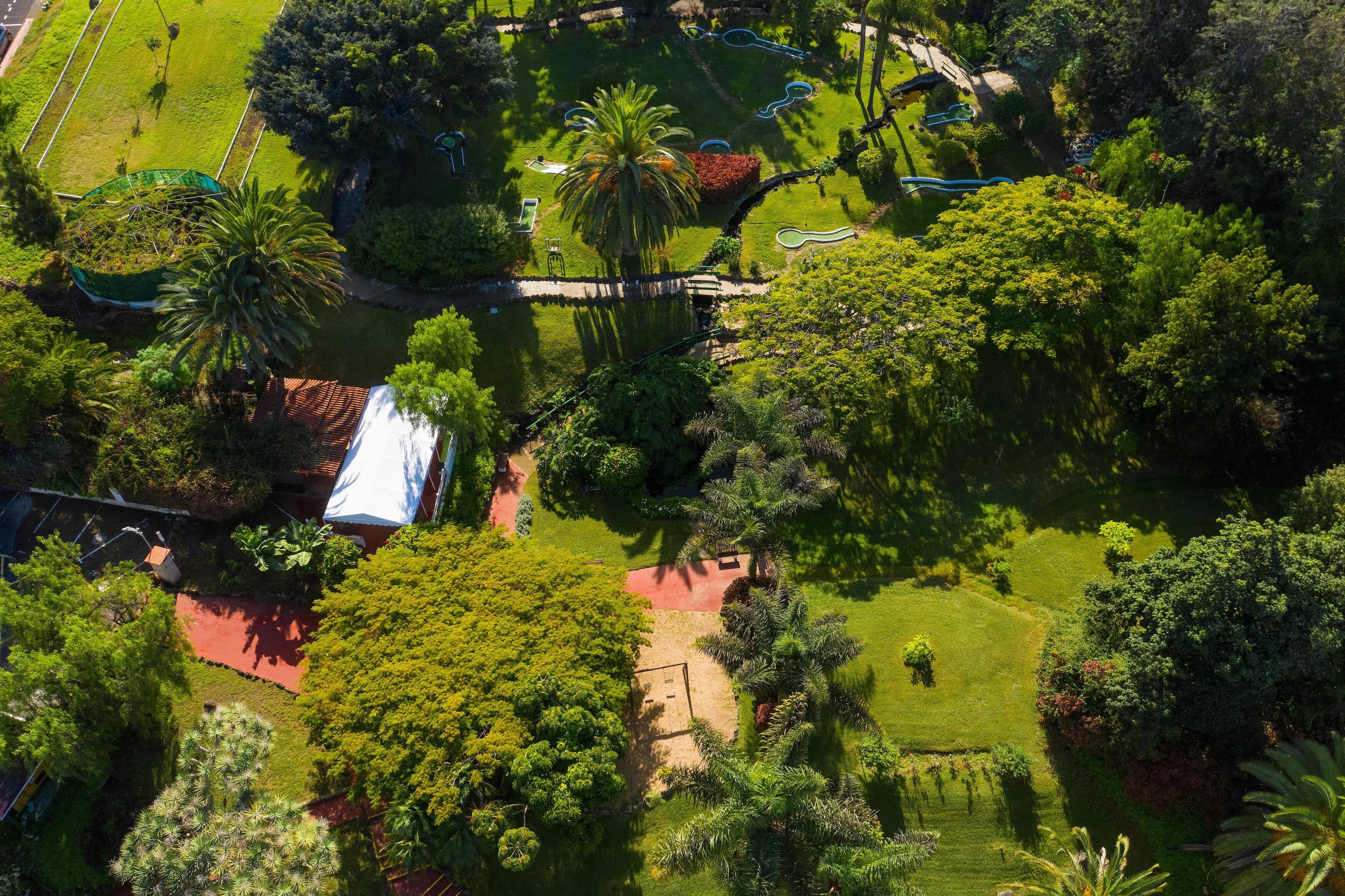 Vista aérea de un parque con senderos, un pequeño estanque y varios árboles.