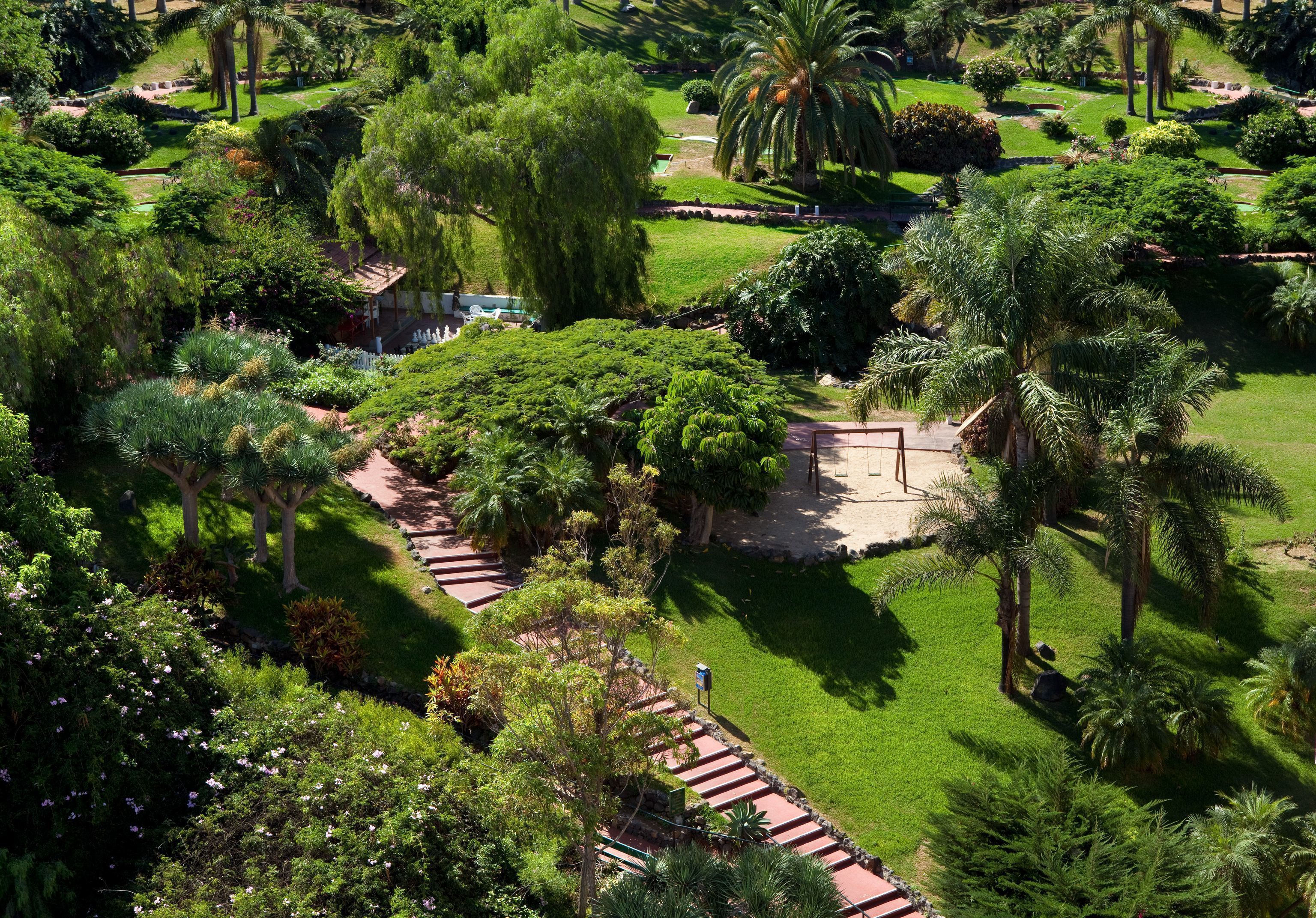 A lush garden with a variety of trees and shrubs, a paved walkway, and a small building.