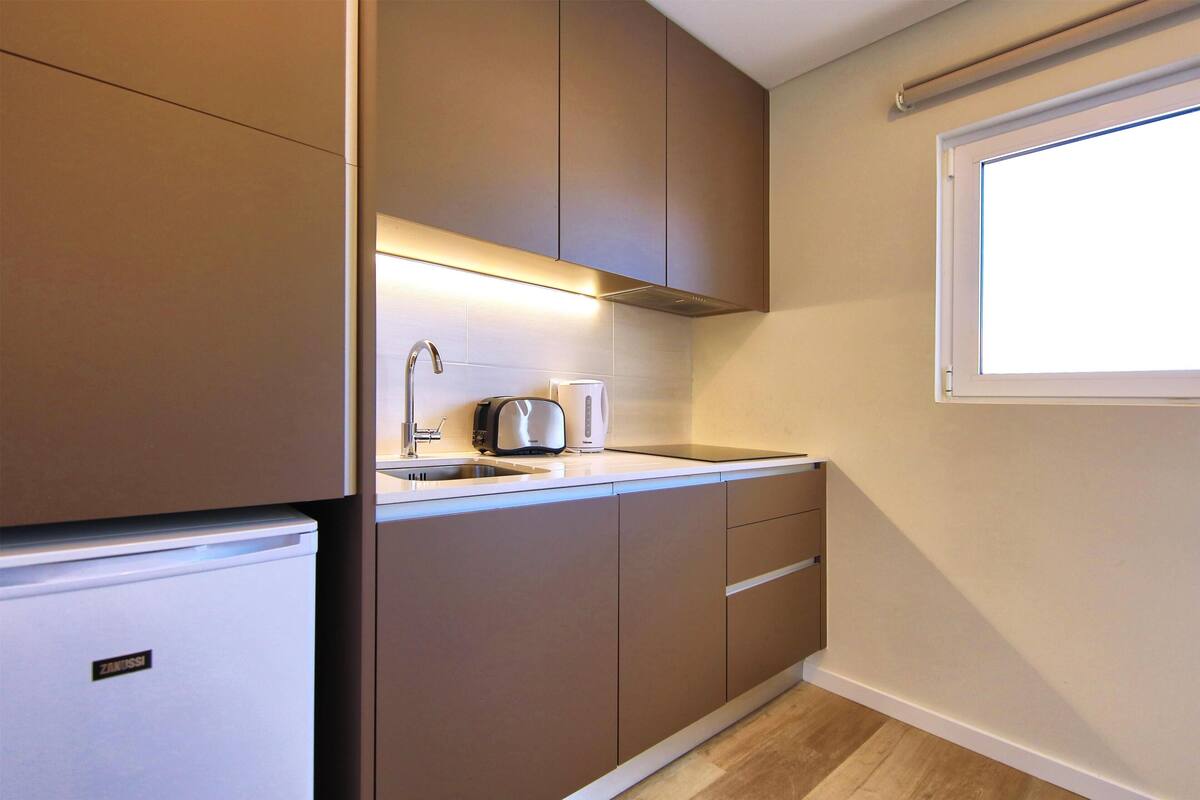 Una cocina compacta con un refrigerador empotrado, una tostadora y un lavamanos.