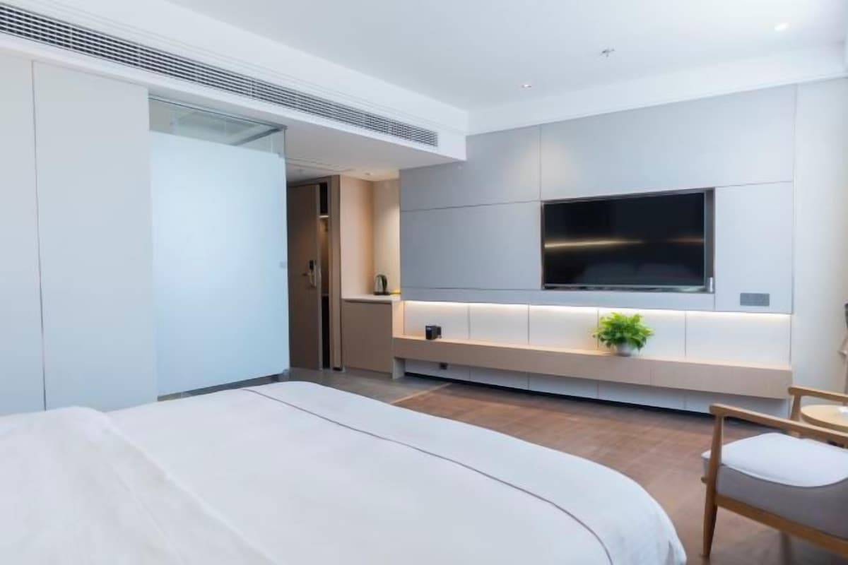A modern hotel room with a bed, a TV mounted on the wall, and a small seating area with a plant.