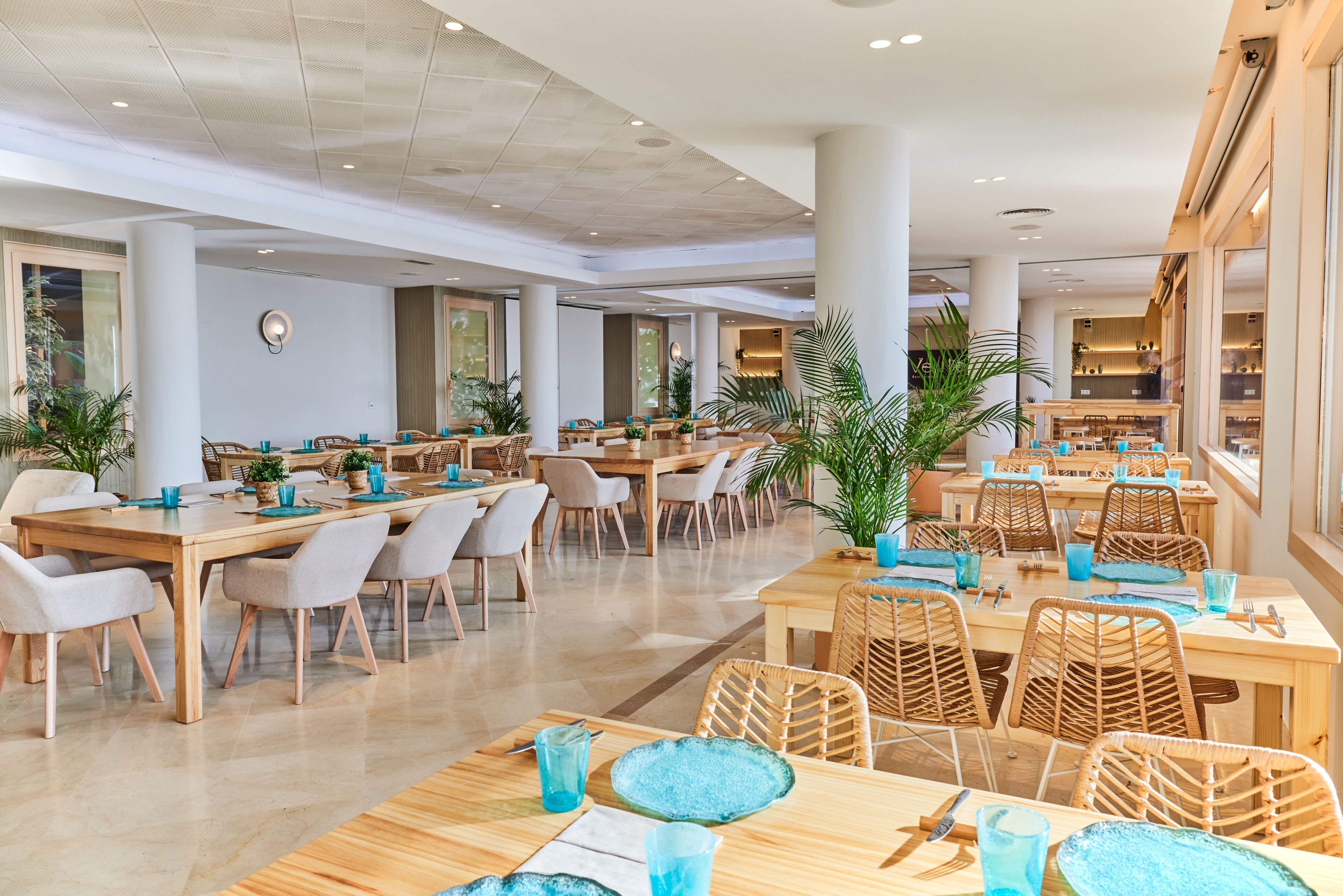 Un amplio comedor interior con numerosas mesas y sillas, ventanas grandes y plantas en macetas.