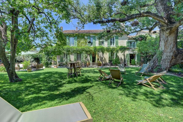 Un espacio exterior amplio con un gran árbol, una mesa de madera y varias sillas de lounge.