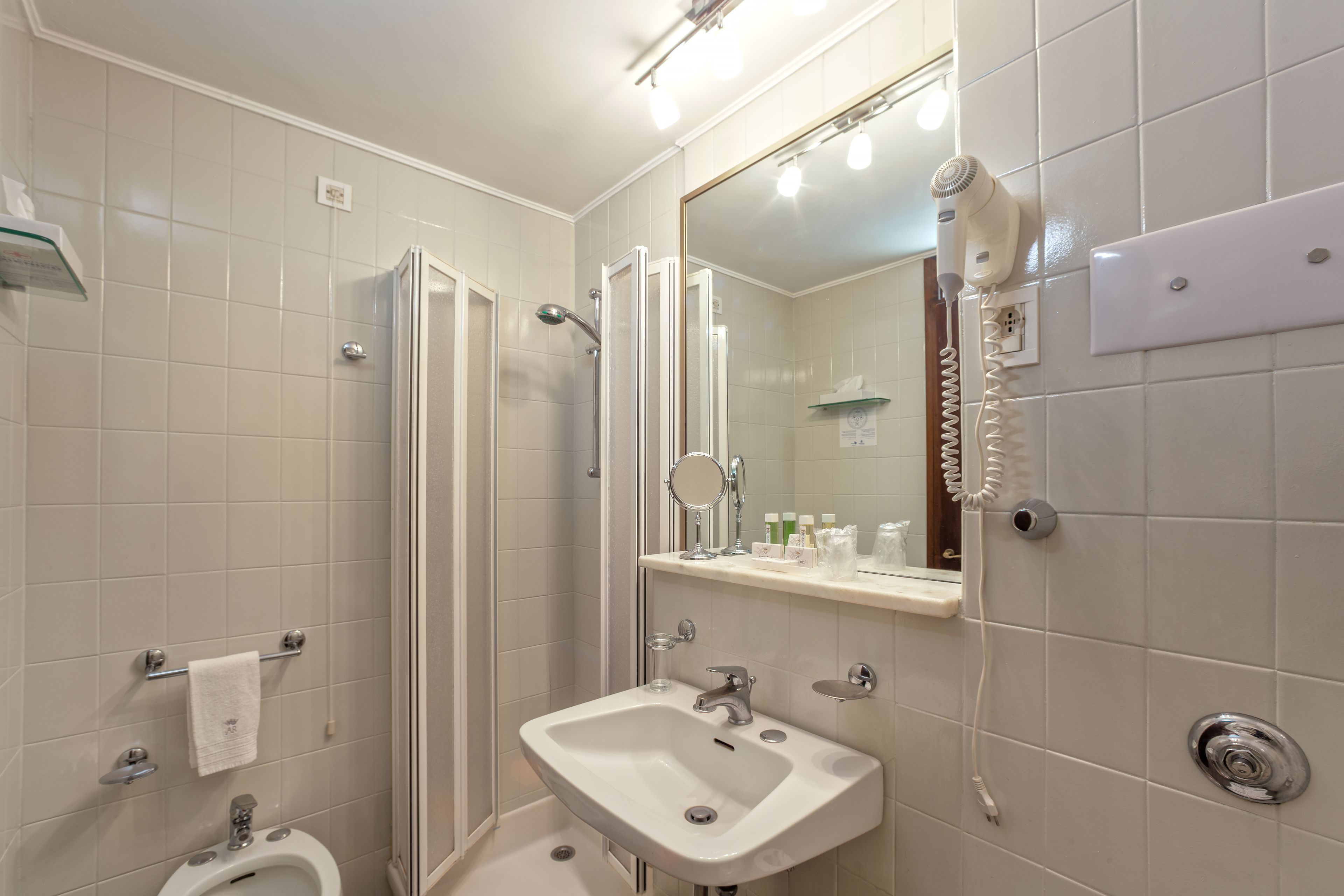 Un bagno moderno dotato di doccia, lavabo e WC.