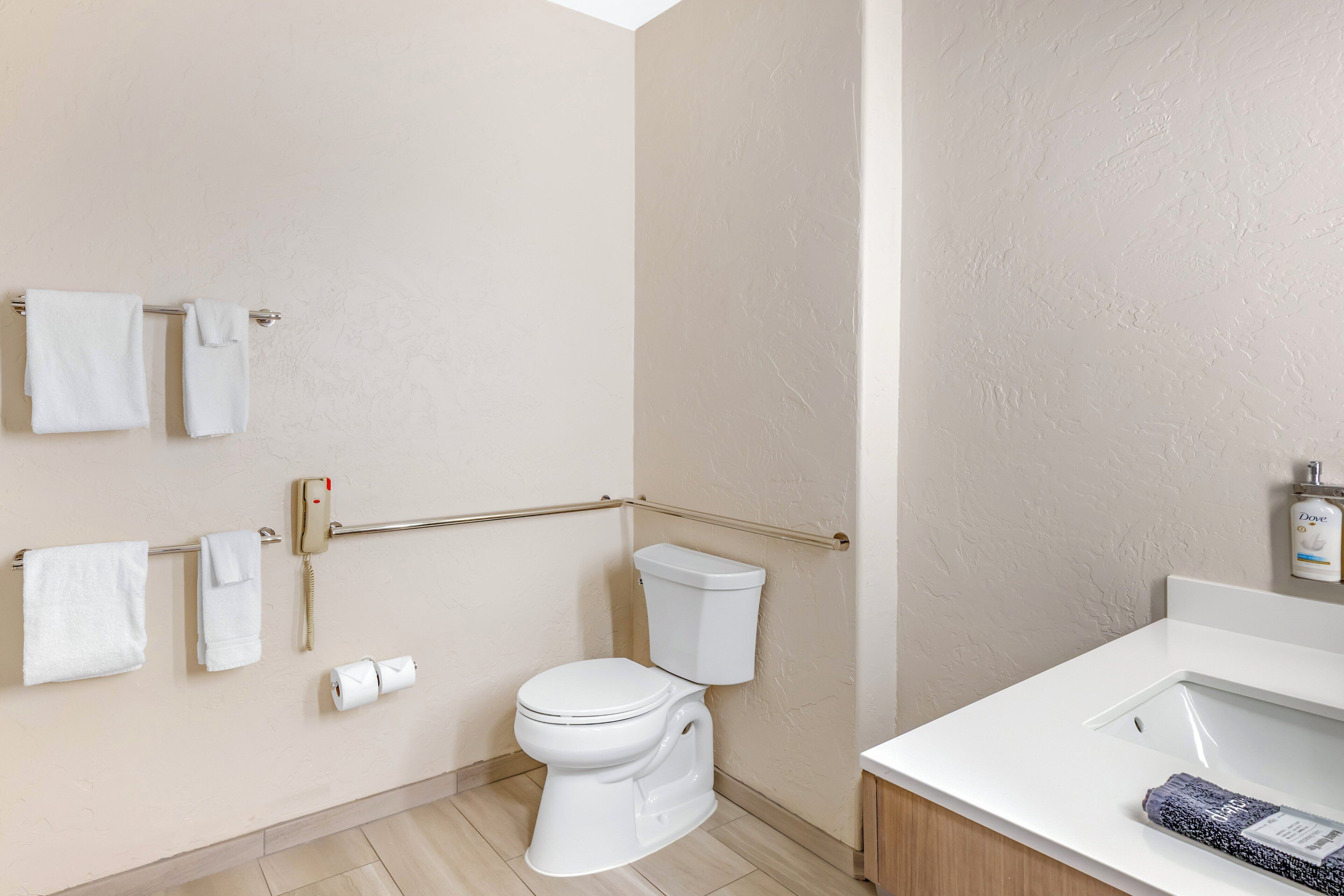 A bathroom with a toilet, a handrail, a sink, and a towel rack.