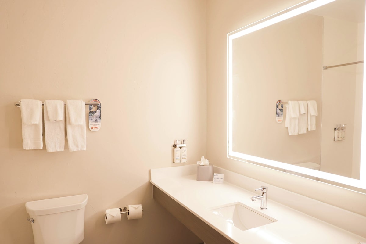 A modern bathroom with a toilet, sink, and large mirror. There are towels hanging on a rack and a roll of toilet paper on the wall.