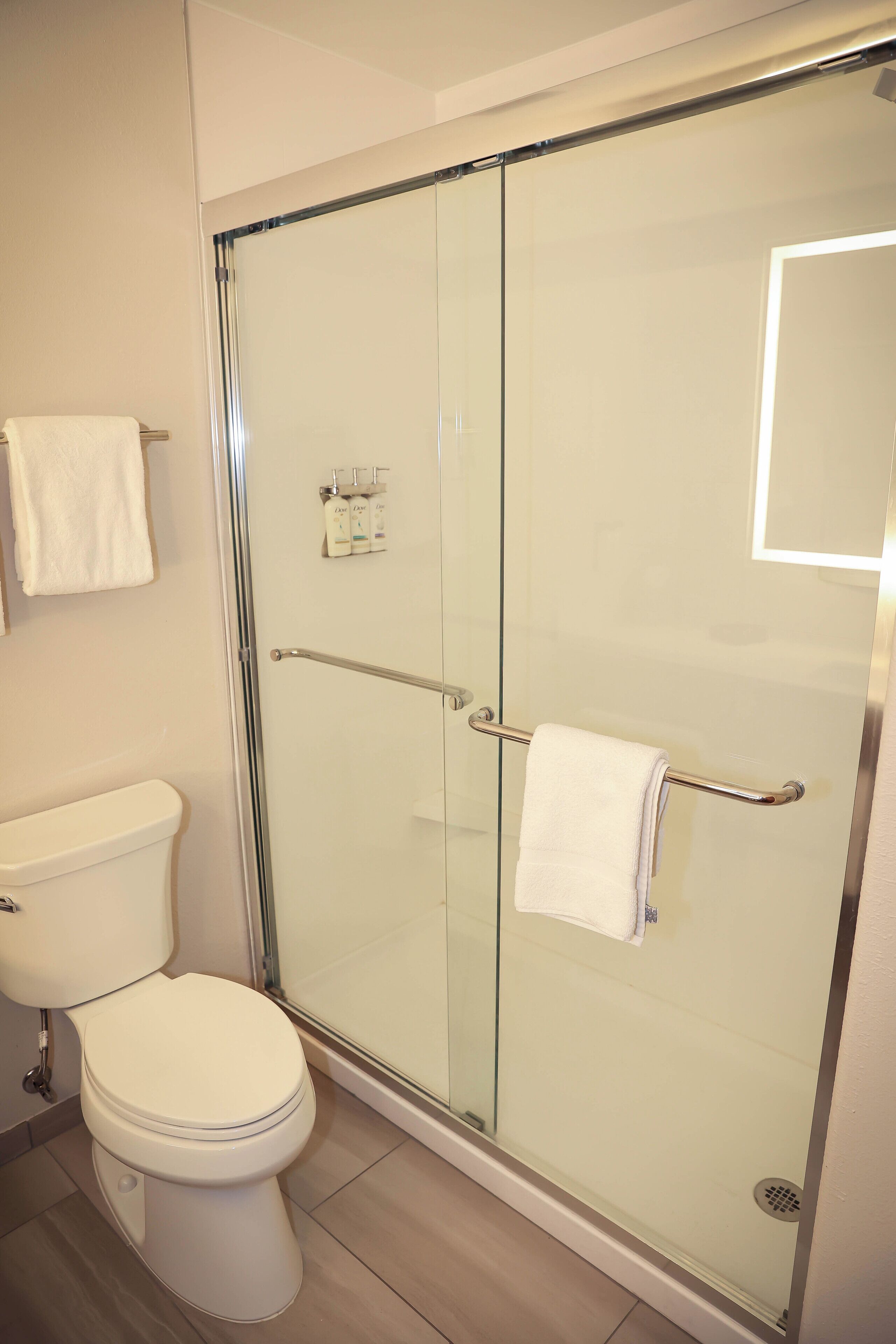 Een moderne badkamer met een douche met glazen wand, een wit toilet en een glazen douchedeur.