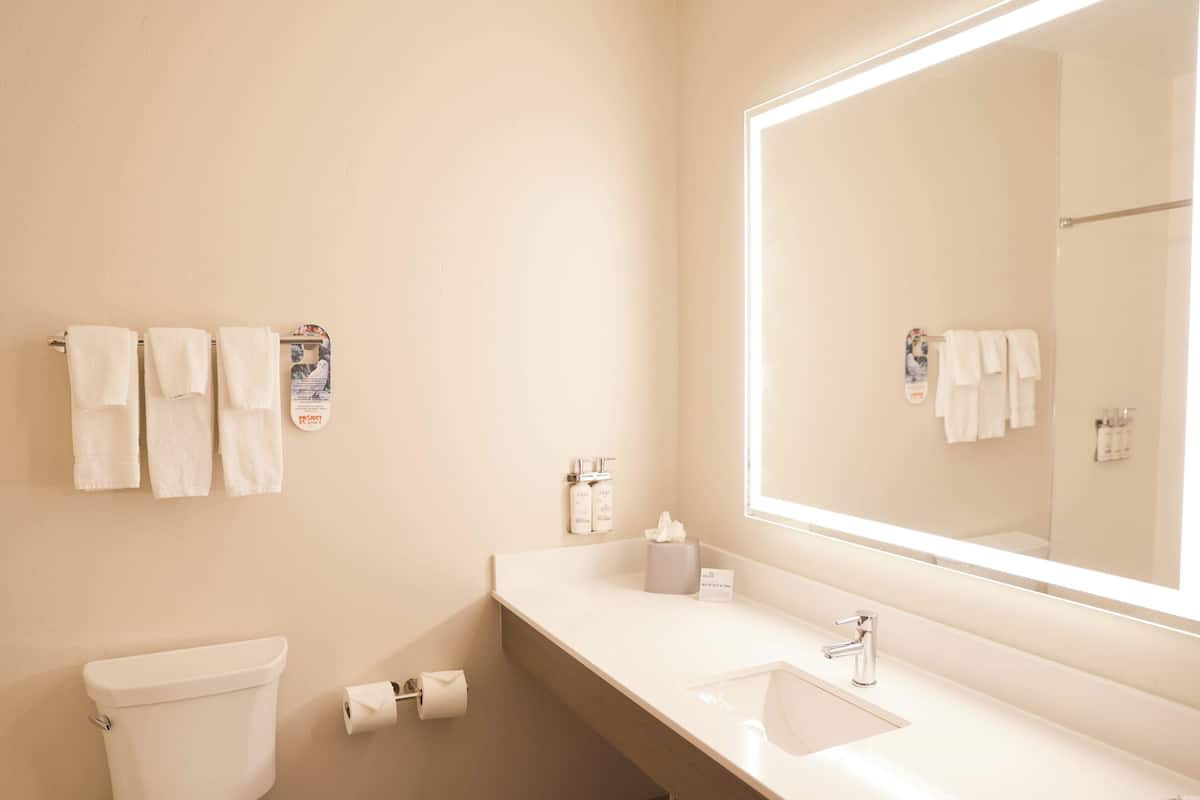 Un baño moderno con inodoro, lavamanos y un espejo grande. Hay toallas colgadas en un perchero y un rollo de papel higiénico en la pared.