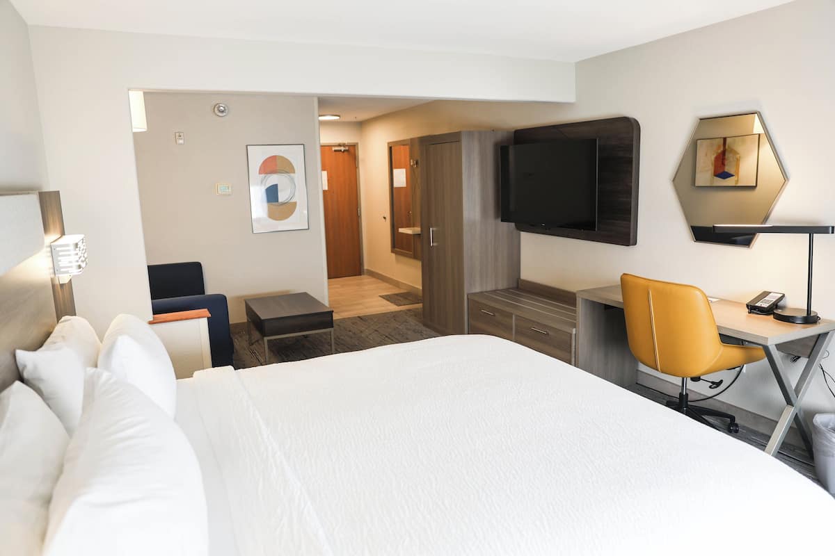 Habitación de hotel con una cama grande, un escritorio con una silla, un televisor y un armario.