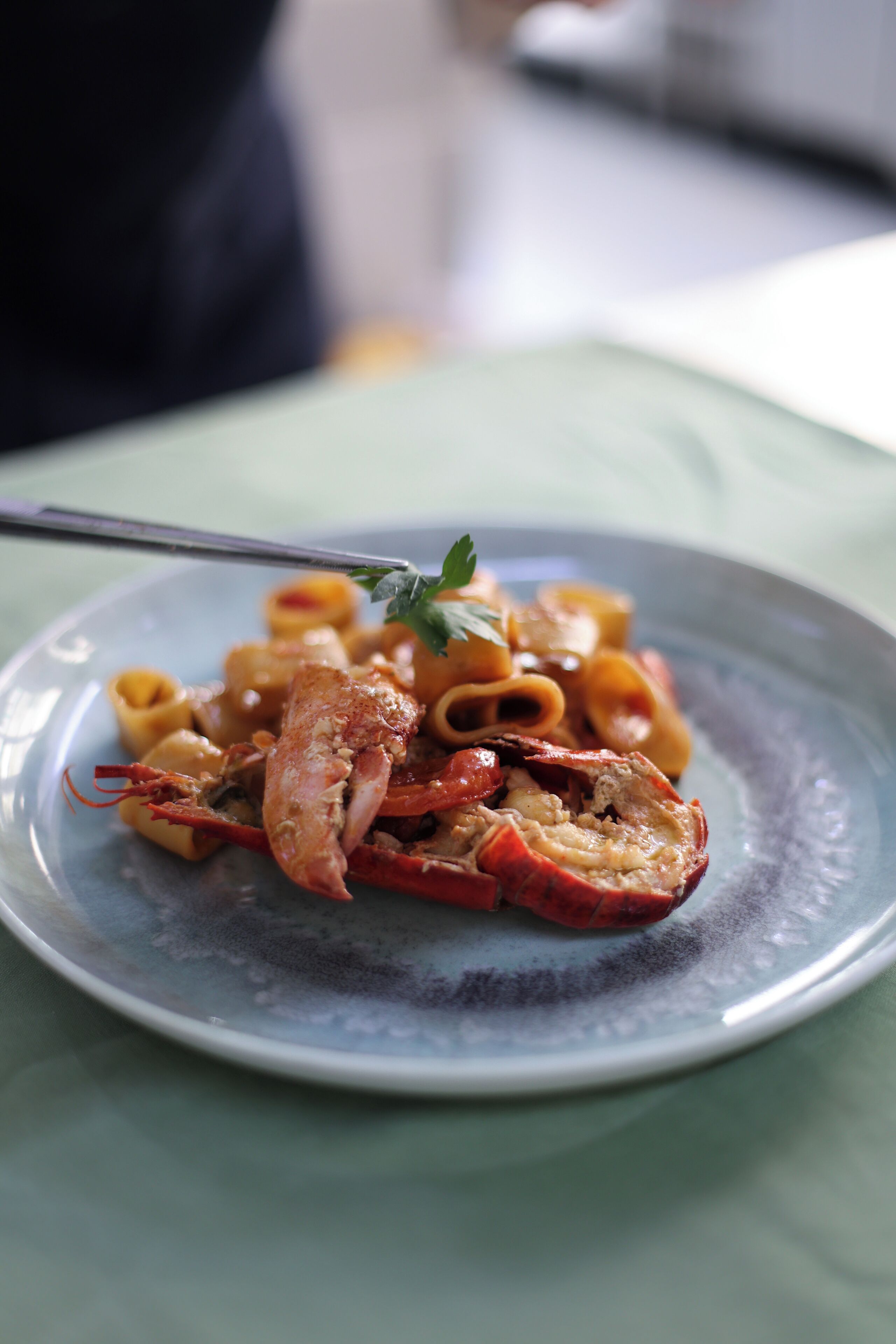Une assiette de pâtes garnie d’une queue de homard et d’une branche de persil, le tout présenté sur une assiette en céramique.