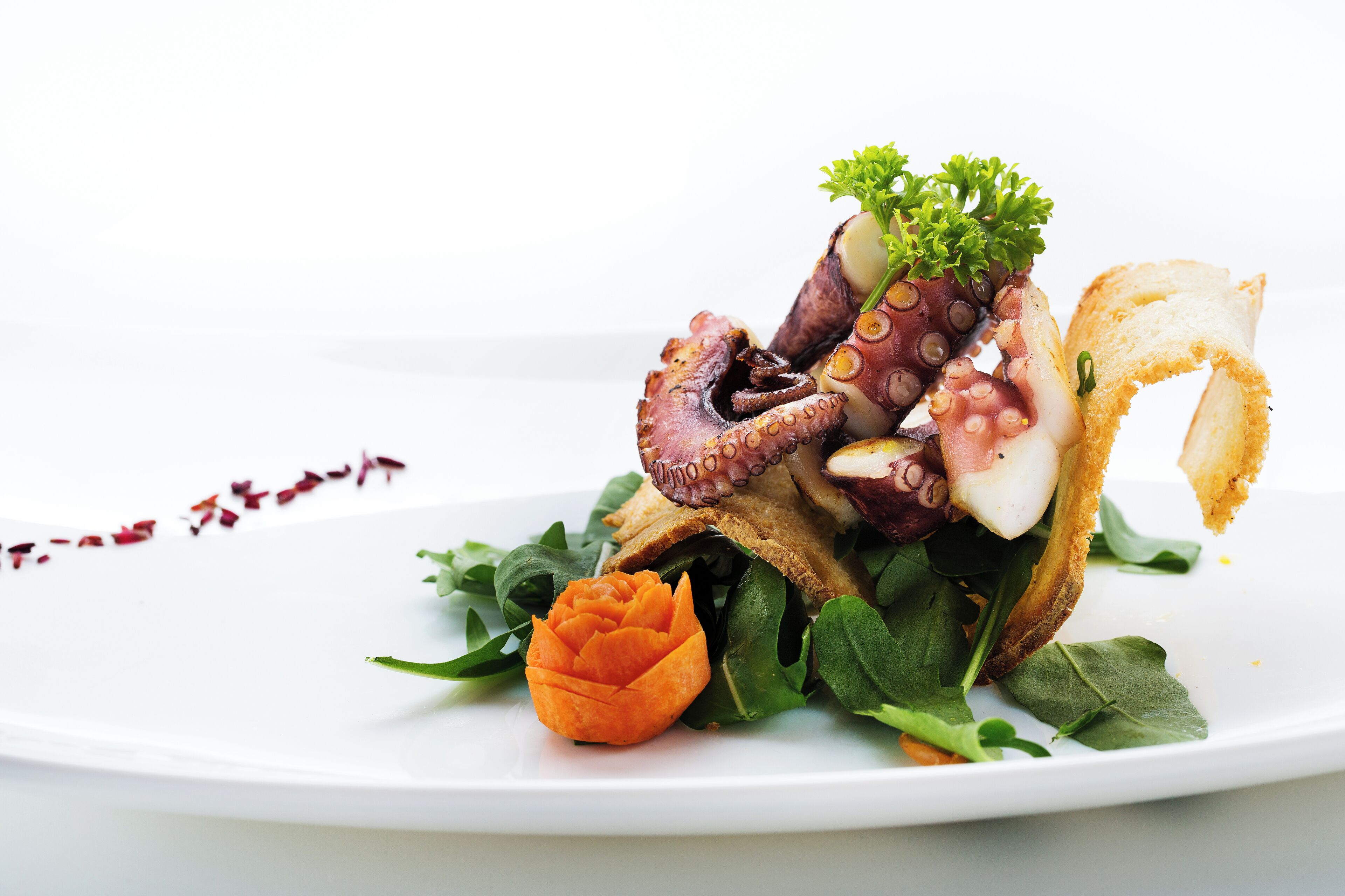 Un plato con tentáculos de pulpo, pan y verduras.