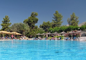 Outdoor pool, pool umbrellas, pool loungers