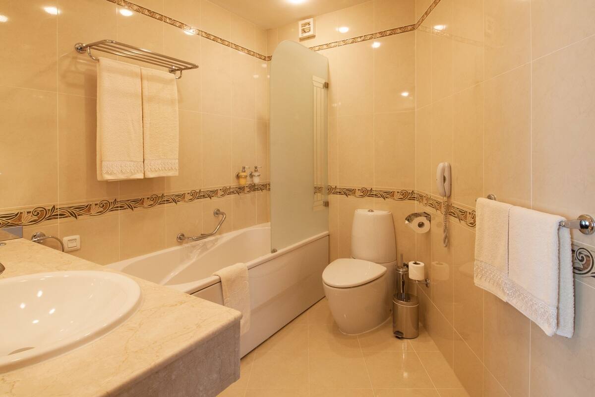 combined shower/bathtub, free toiletries, hair dryer, bathrobes