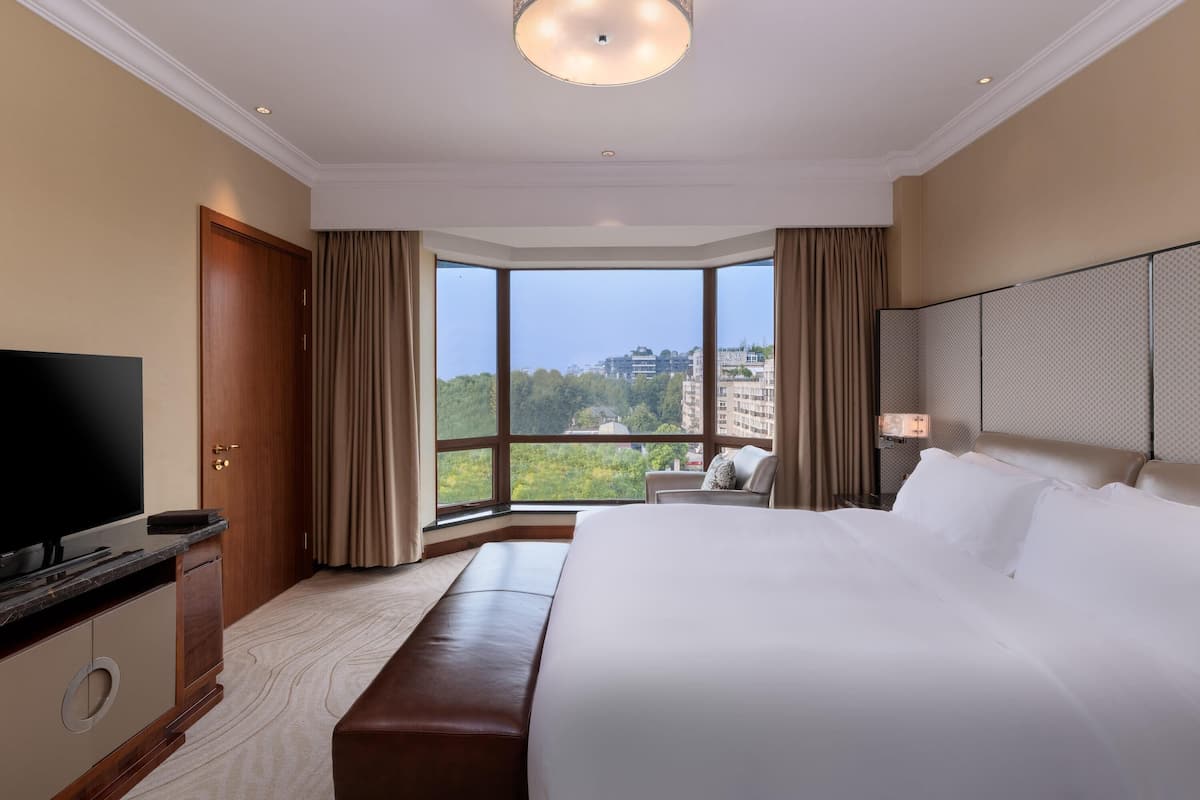Una camera d'albergo con un letto grande, una TV, una scrivania e vista sulla città.