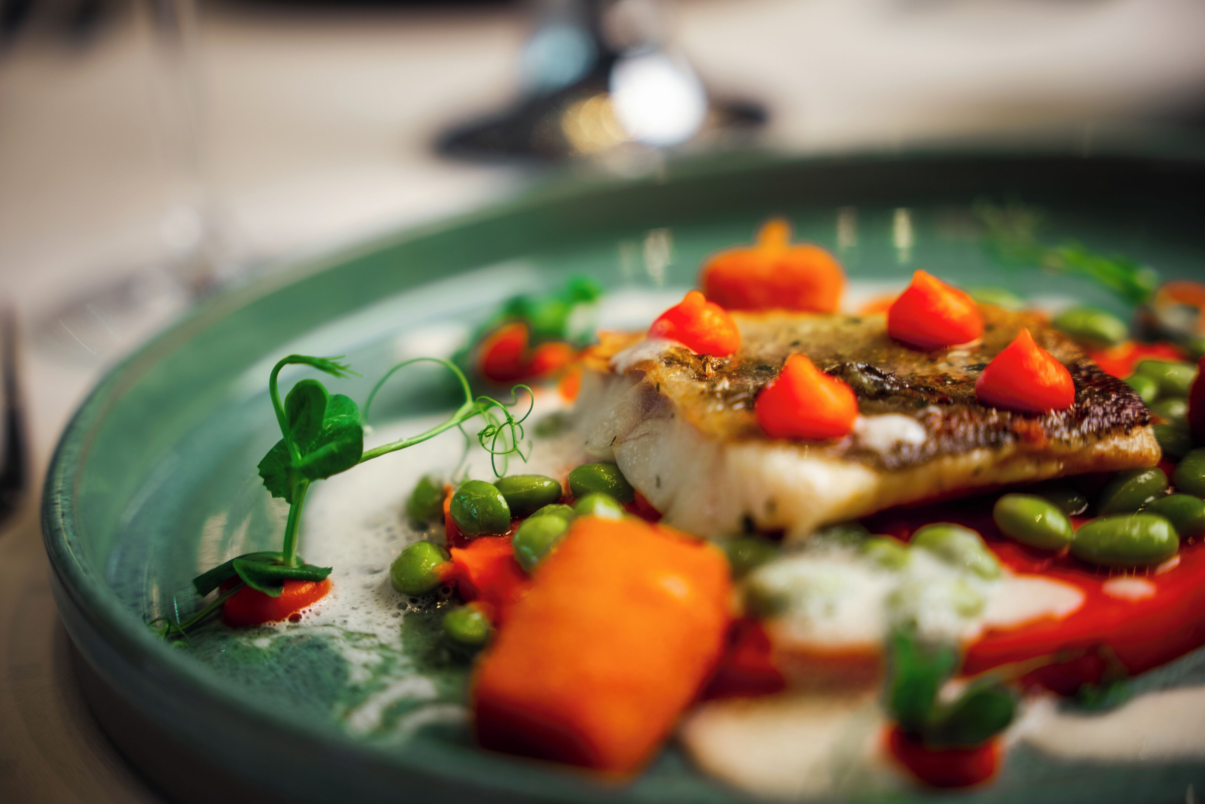 Un plato de comida con varias verduras y un trozo de pescado.