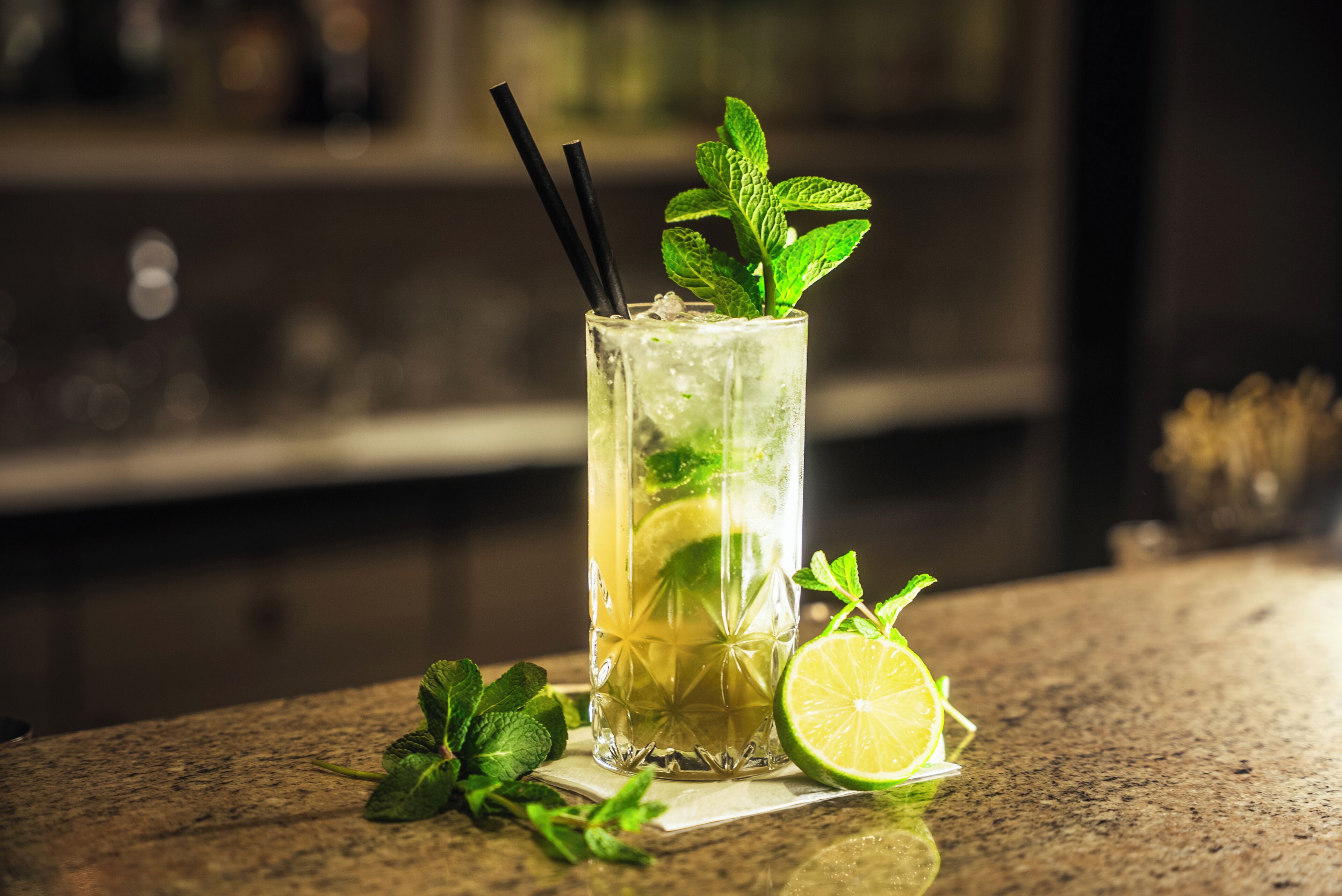 Un grand verre contenant une tranche de citron vert et quelques feuilles de menthe, posé sur un plan de travail en granit.