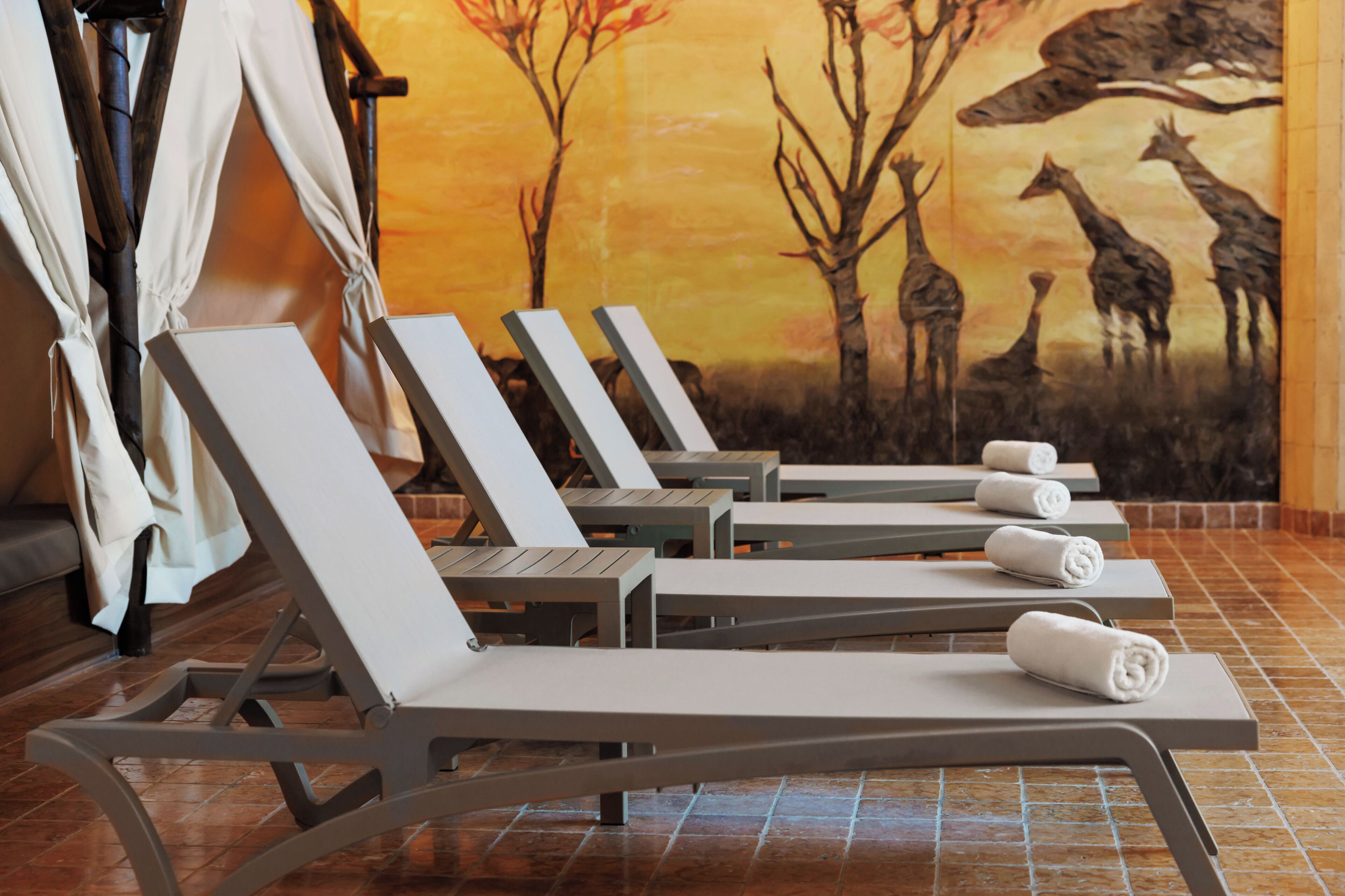 A row of sun loungers with towels, a tiled floor, and a mural of giraffes on the wall.