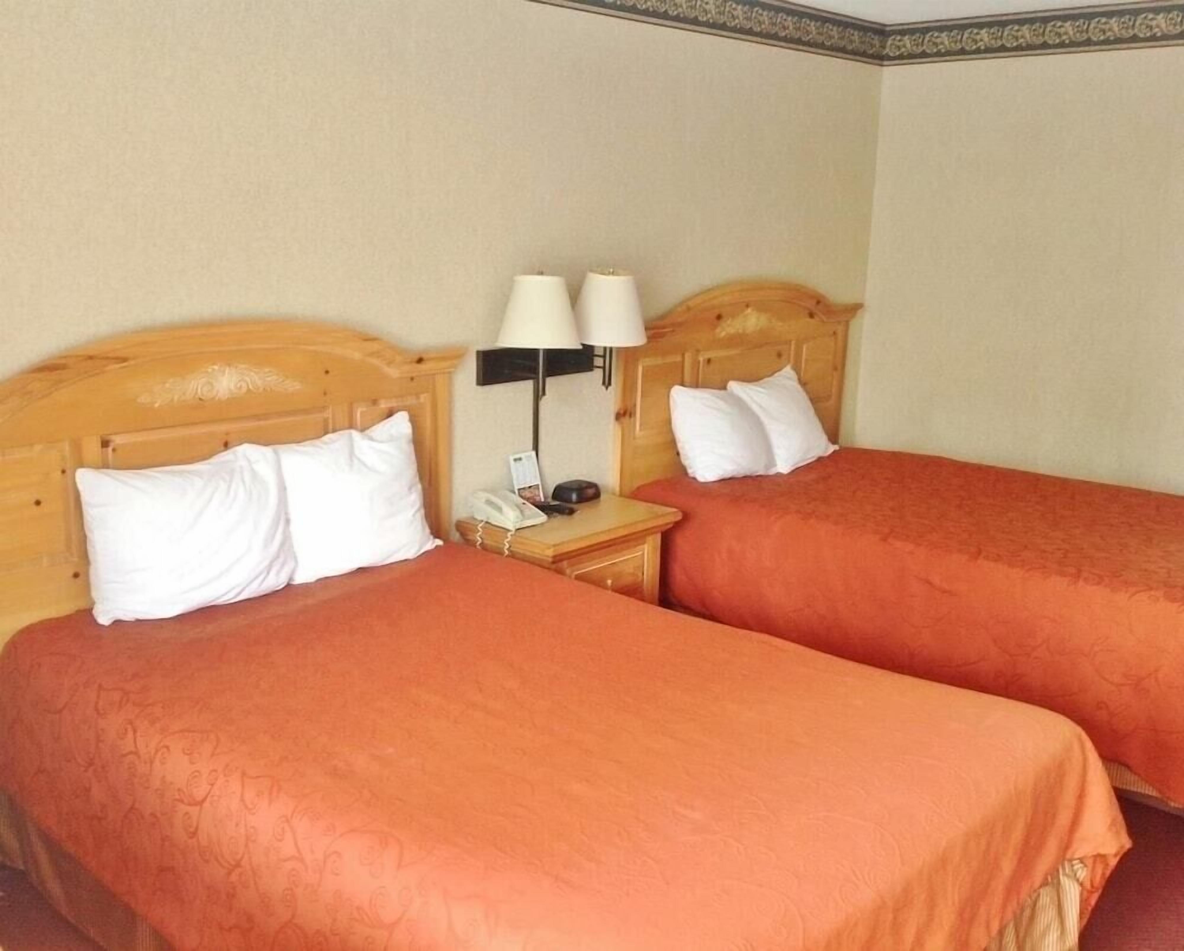 A hotel room with two single beds, each with a wooden headboard and matching pillows. There is a nightstand with a lamp, a phone, and a small table.