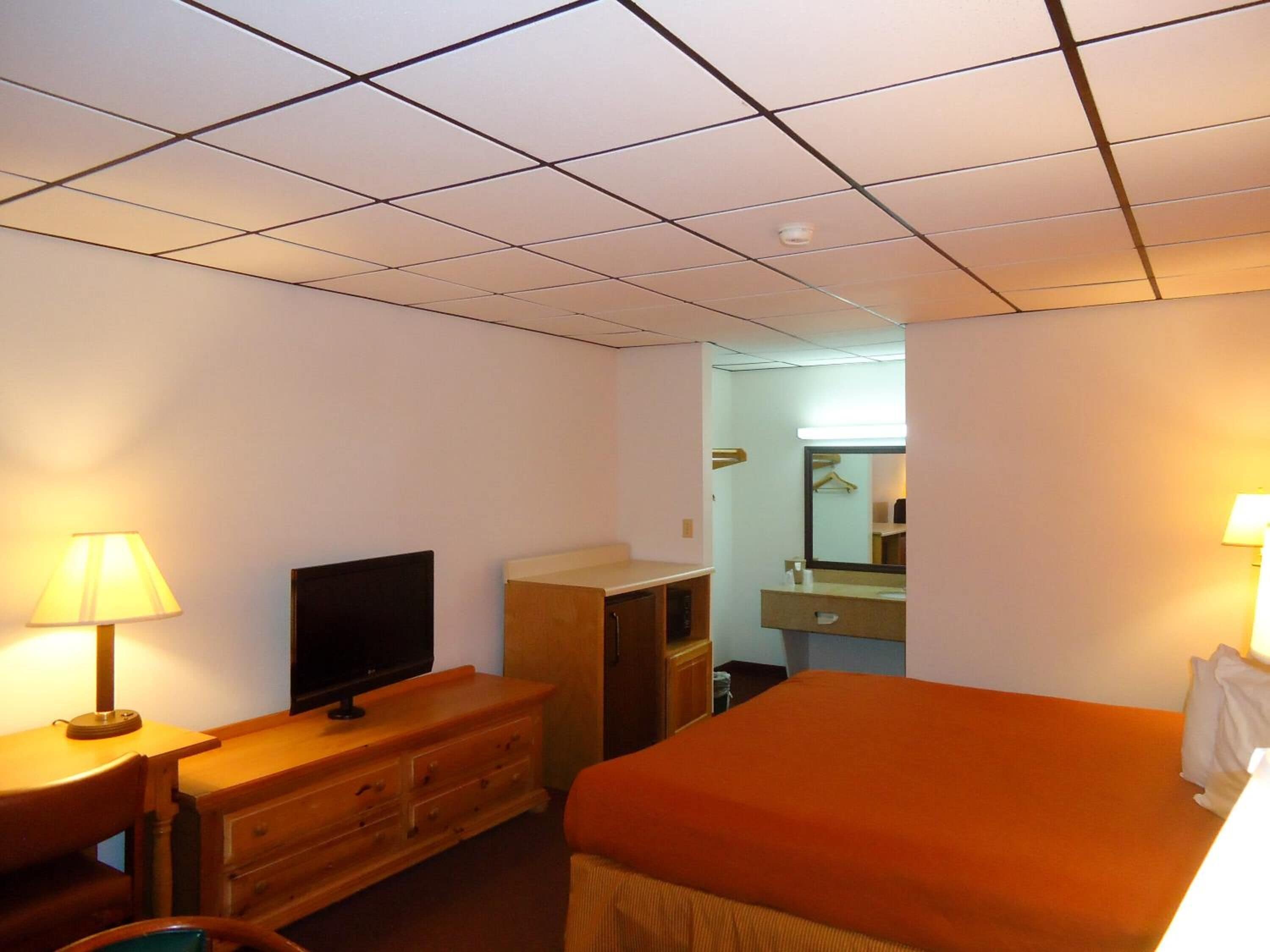 Una camera d'albergo con un letto, una televisione, una cassettiera, uno specchio e una lampada.
