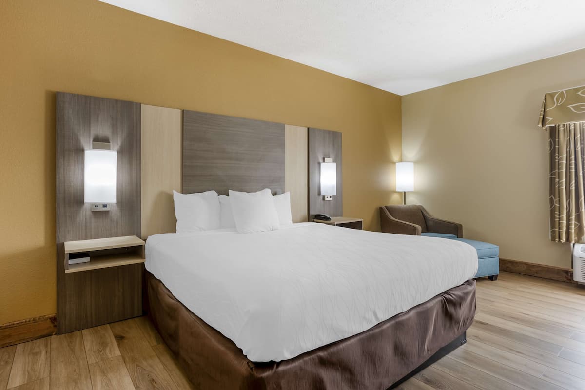 A hotel room with a large bed, a nightstand, a desk, and a chair.