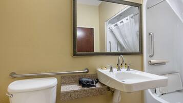 A bathroom with a toilet, sink, and shower.