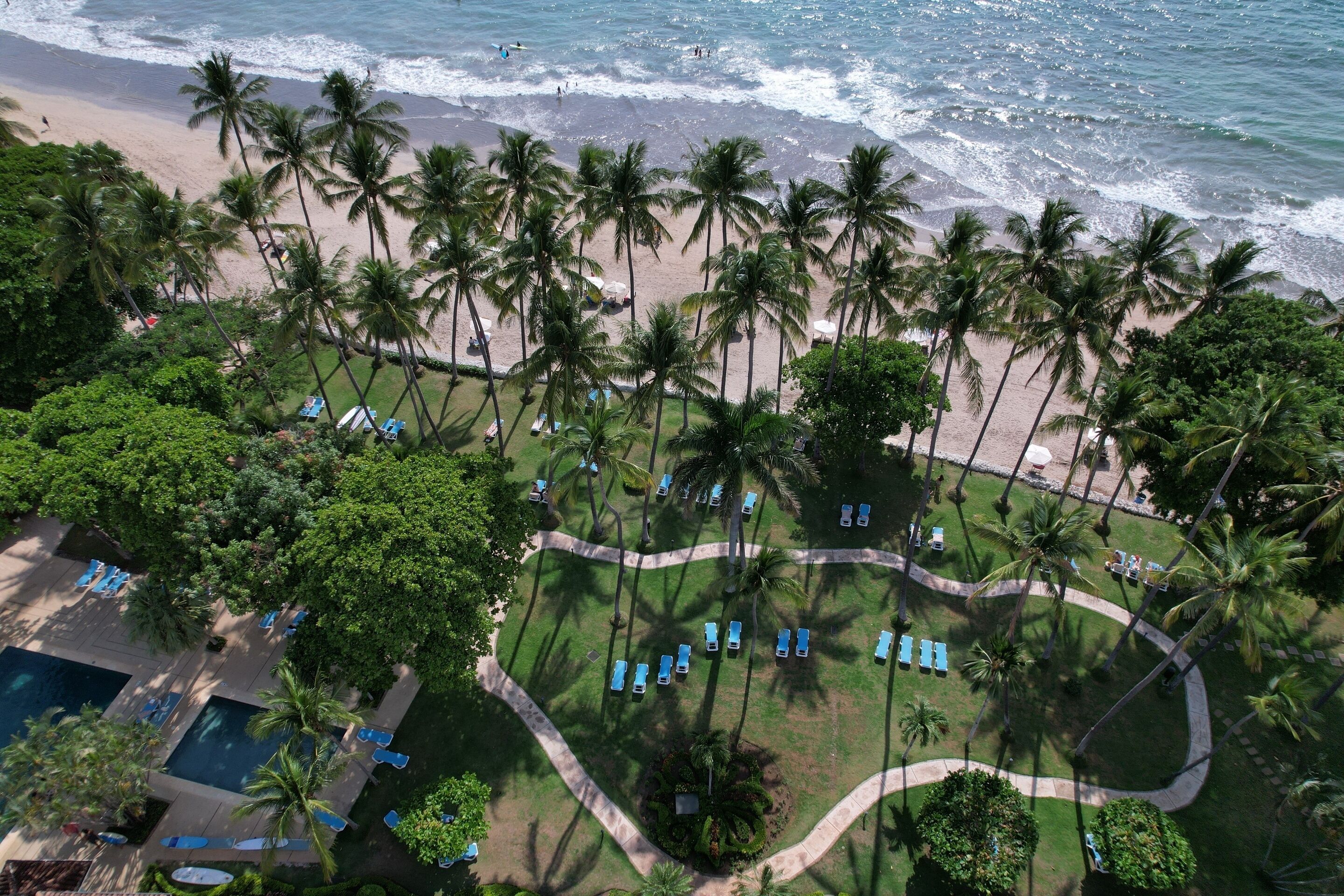 An aerial view of a resort with a pool, palm trees, and a beach.