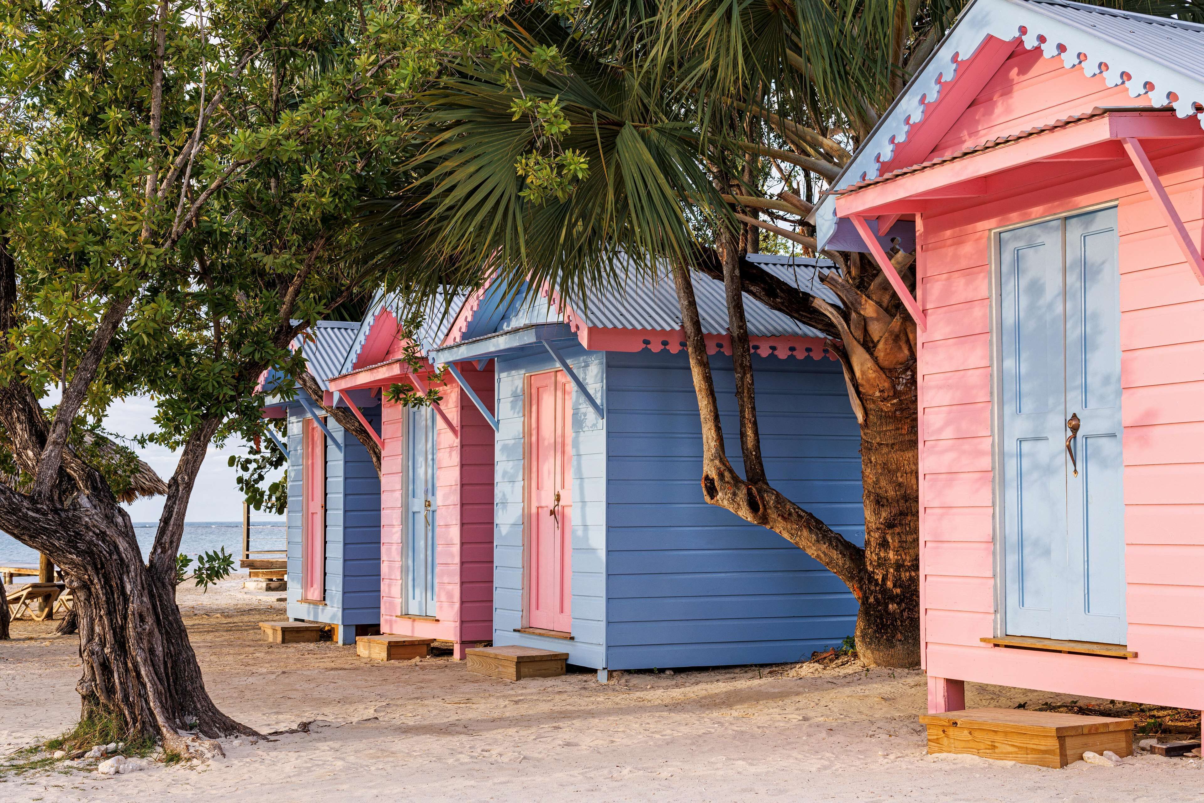 A row of beach huts with a sandy beach and palm trees in the background.
