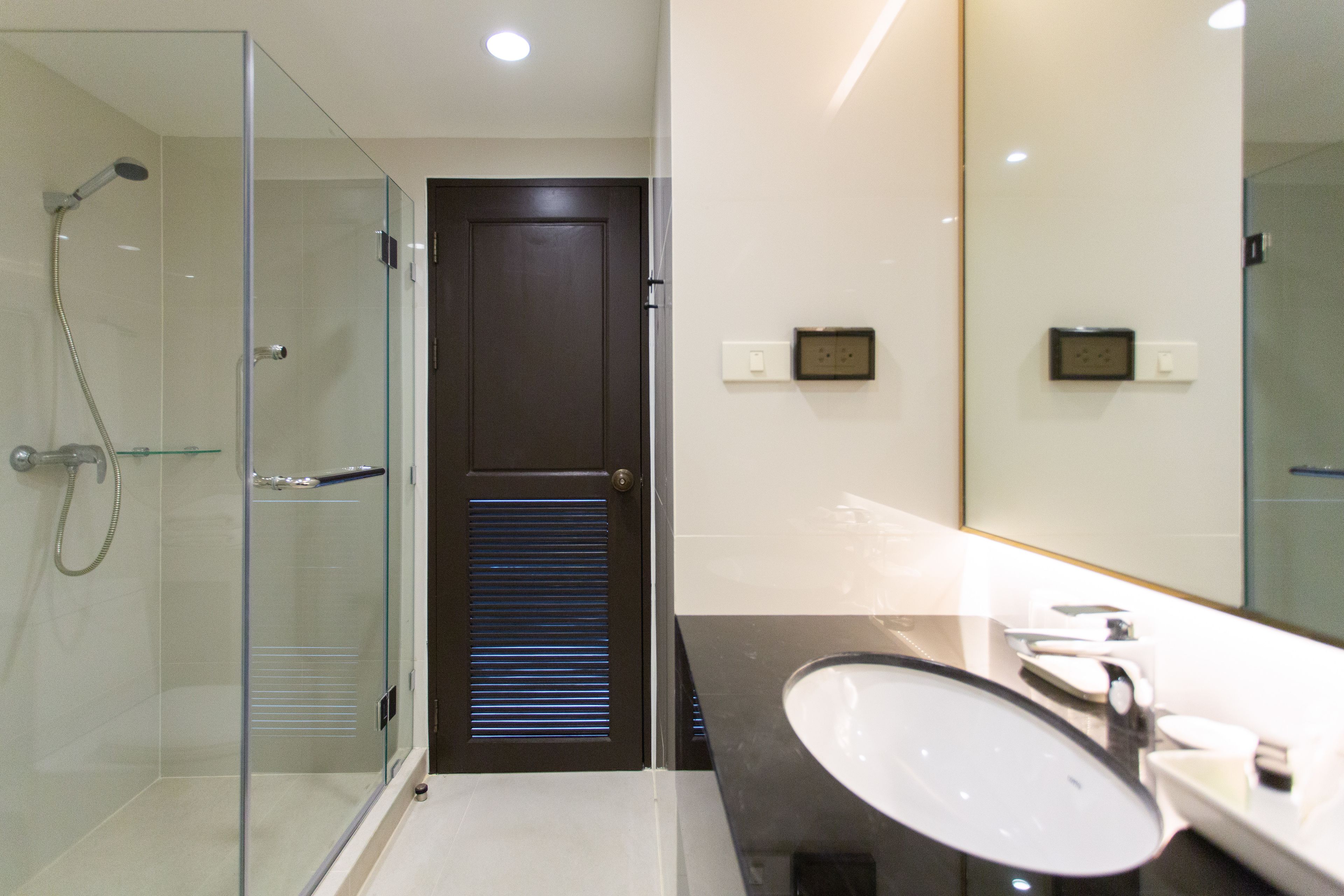 A modern bathroom with a glass shower enclosure, a dark wooden door, a white sink, and a large mirror.