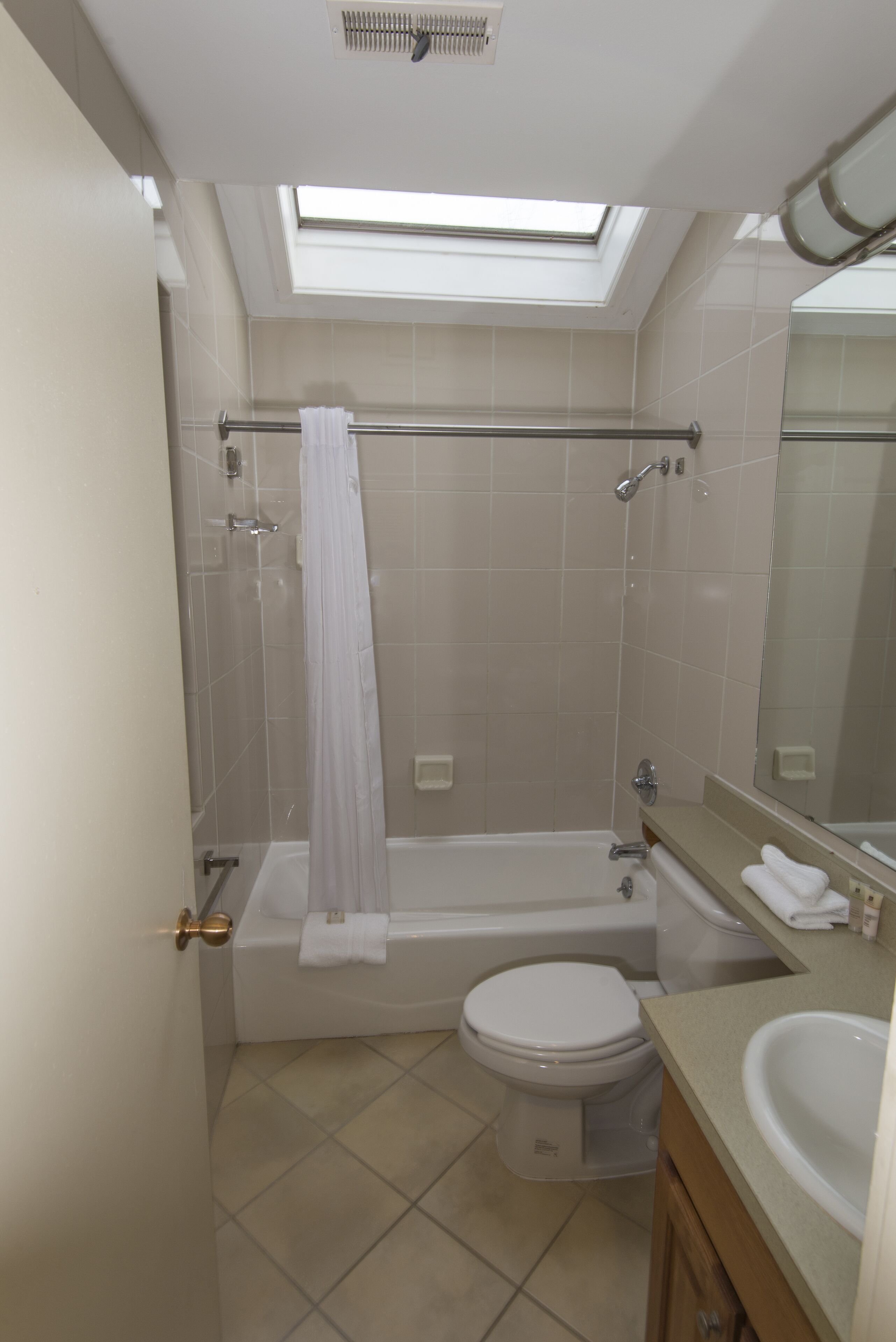 A bathroom with a skylight, a bathtub, a toilet, and a sink.