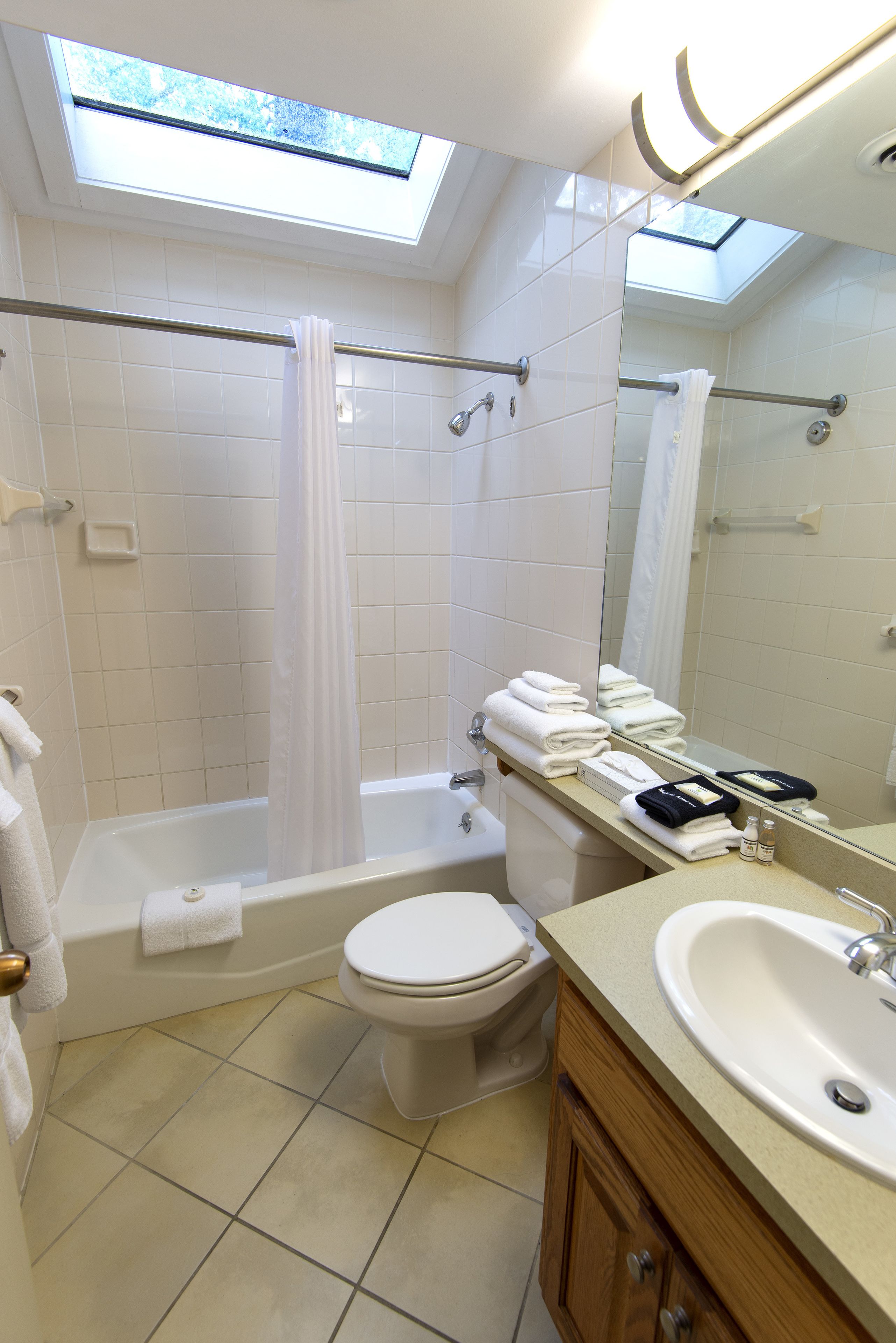 Un baño con tragaluz, bañera, inodoro, lavamanos y espejo.