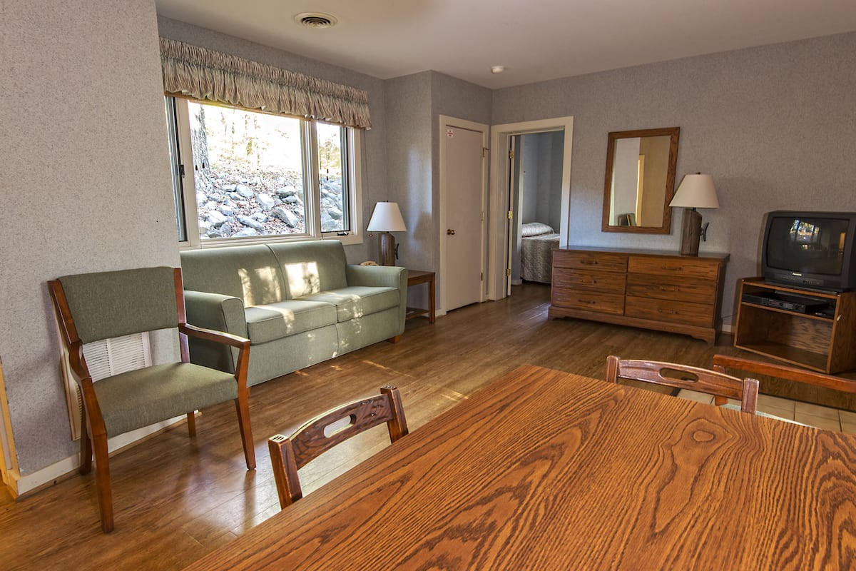 A living room with a wooden dining table, a green sofa, a wooden dresser, and a television.