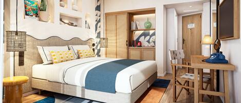 Un dormitorio moderno con cama, mesitas de noche, escritorio y armario.