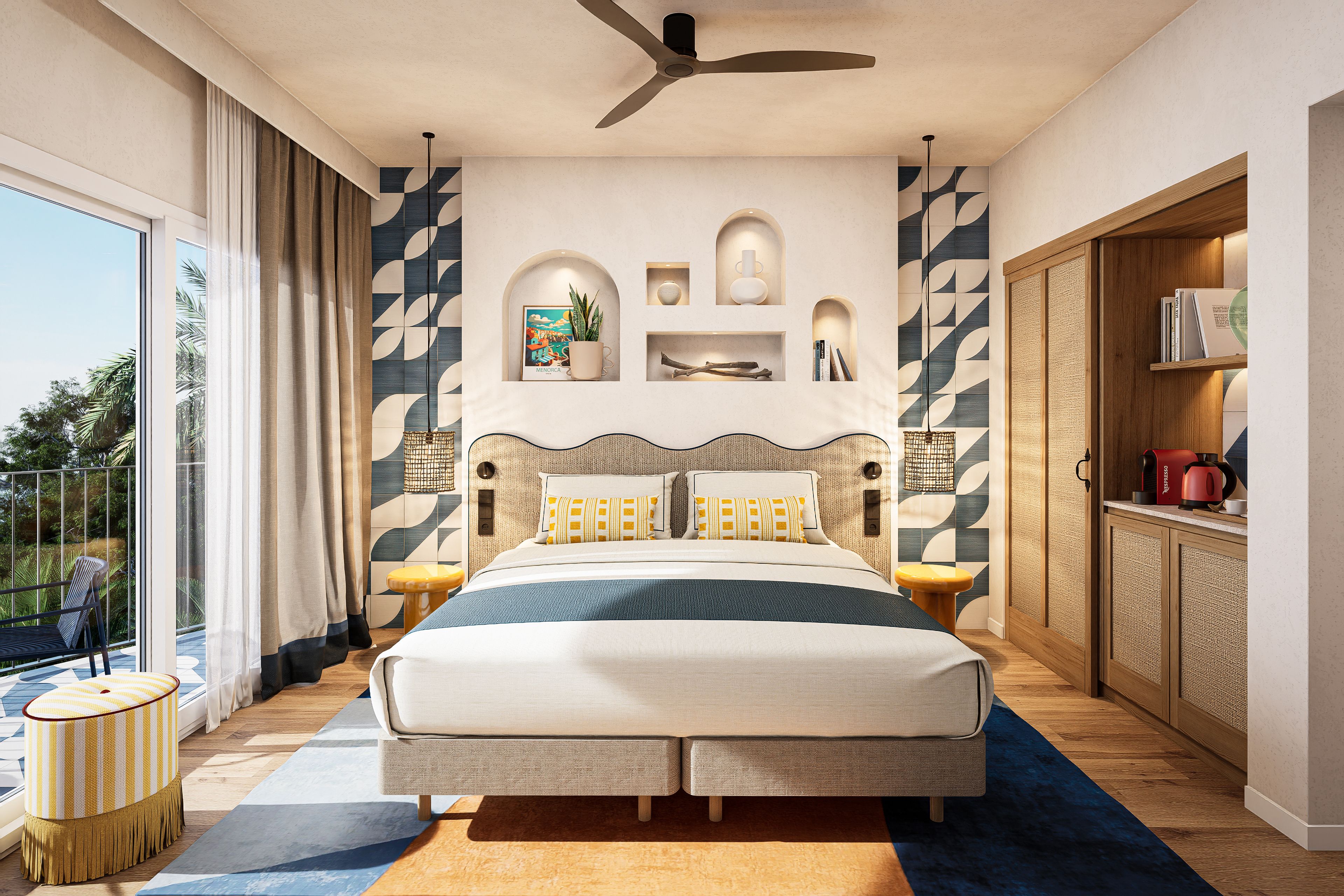 A modern bedroom with a large bed, a ceiling fan, and a view of the outdoors.
