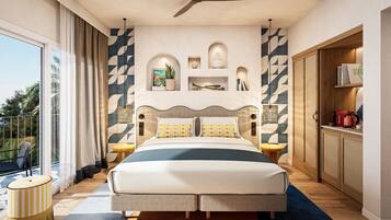 A modern bedroom with a large bed, a ceiling fan, and a view of the outdoors.