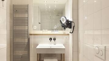 Shower, rainfall showerhead, hair dryer, towels