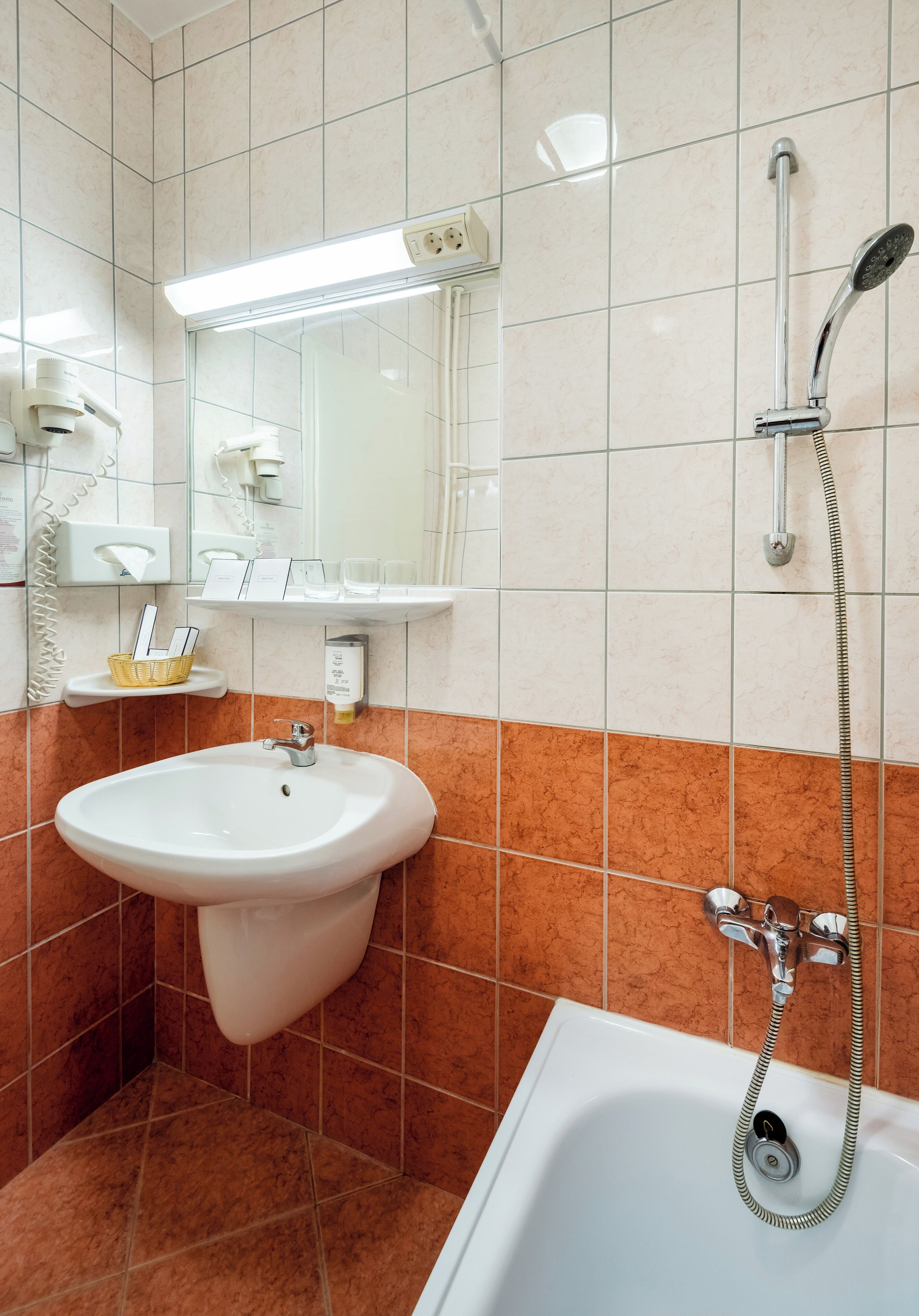 A bathroom with a sink, mirror, and shower.