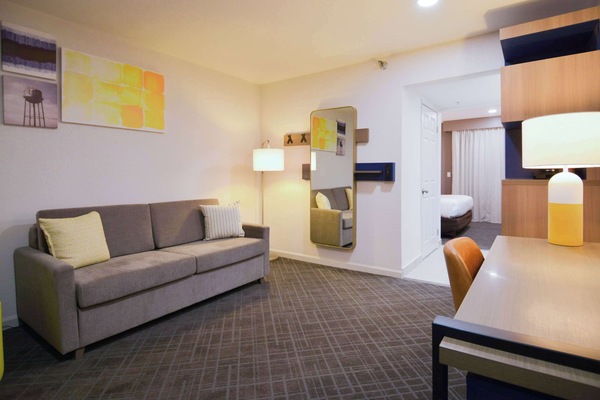 Suite, 1 King Bed, Non Smoking | Desk, laptop workspace, blackout drapes, iron/ironing board