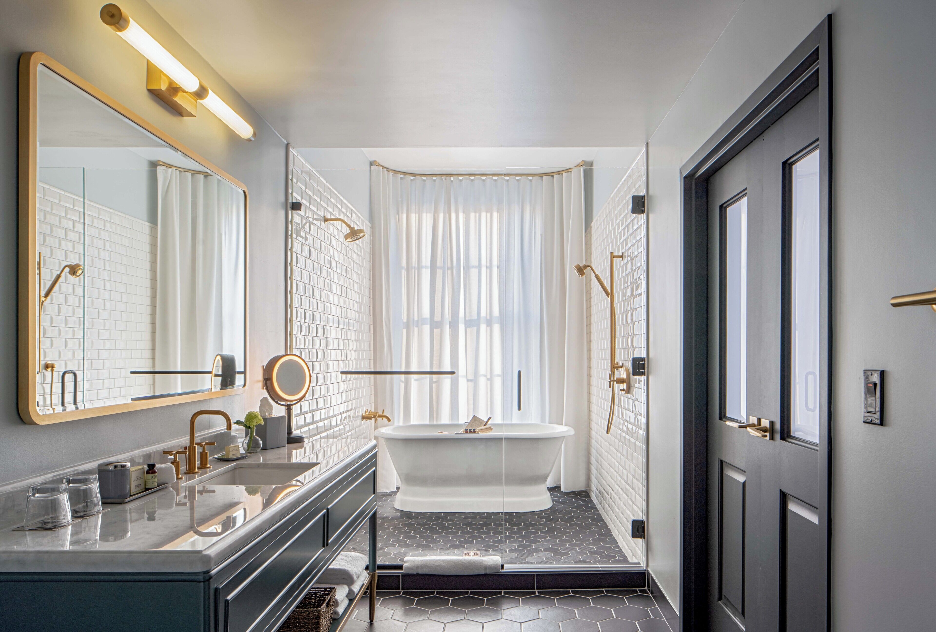 Designer toiletries, hair dryer, bathrobes, towels