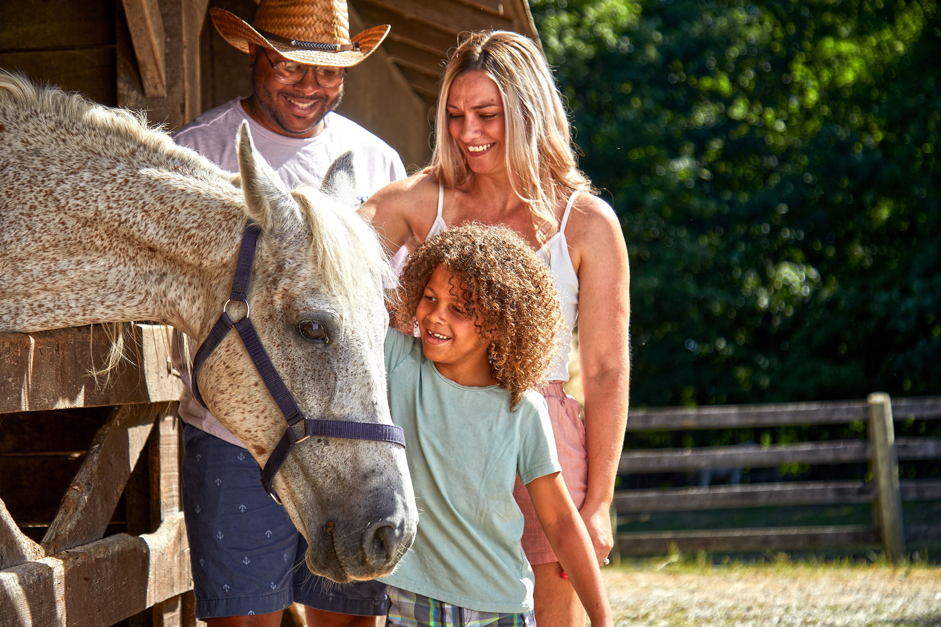 A wooden structure with a horse and people nearby.