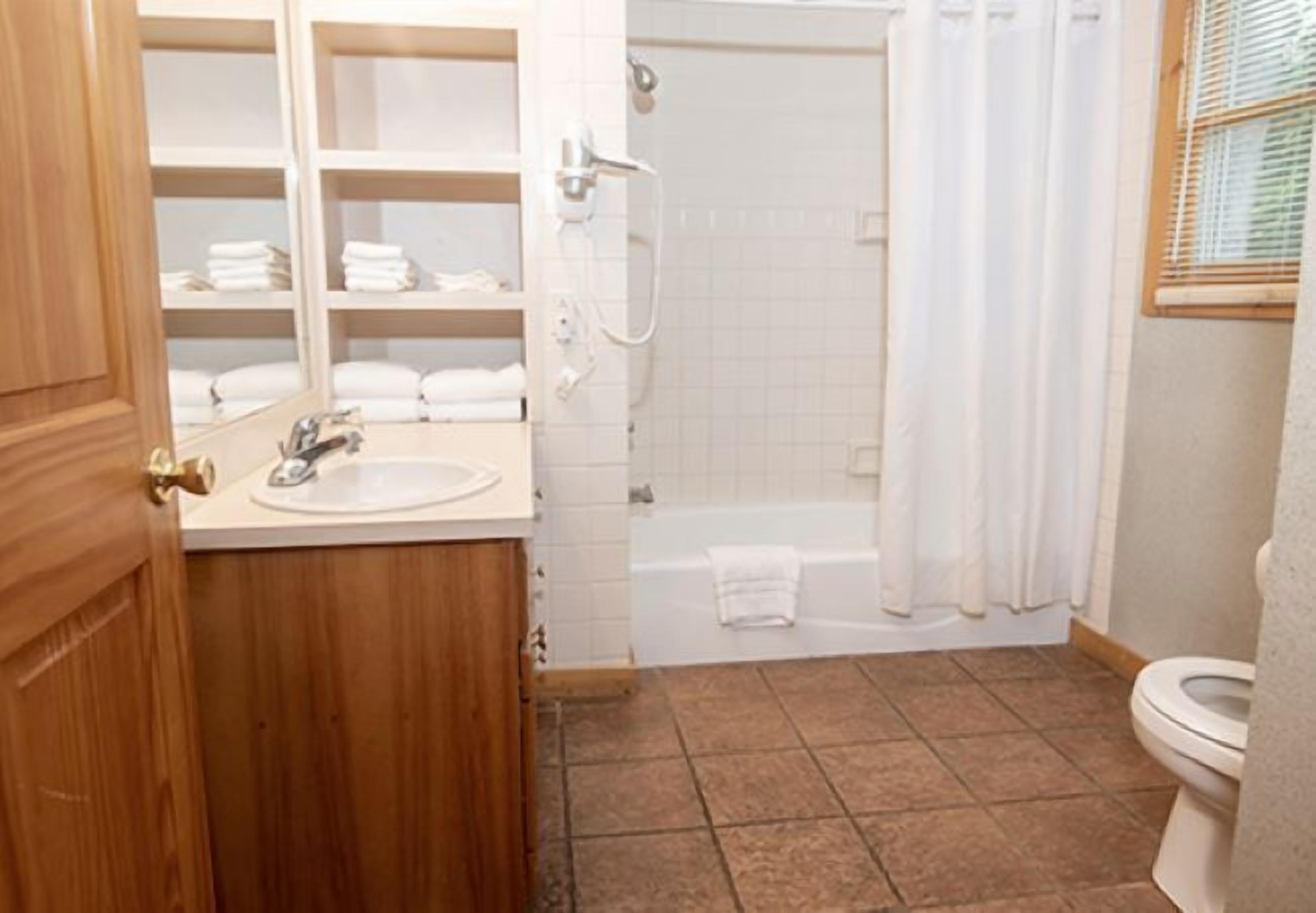 Une salle de bain avec un meuble-lavabo en bois, un évier, une douche et des toilettes.