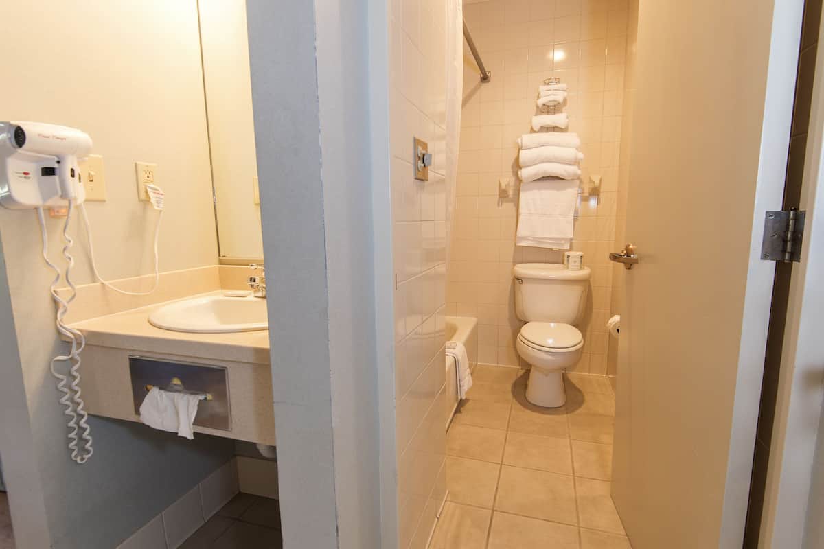 combined shower/bathtub, free toiletries, towels