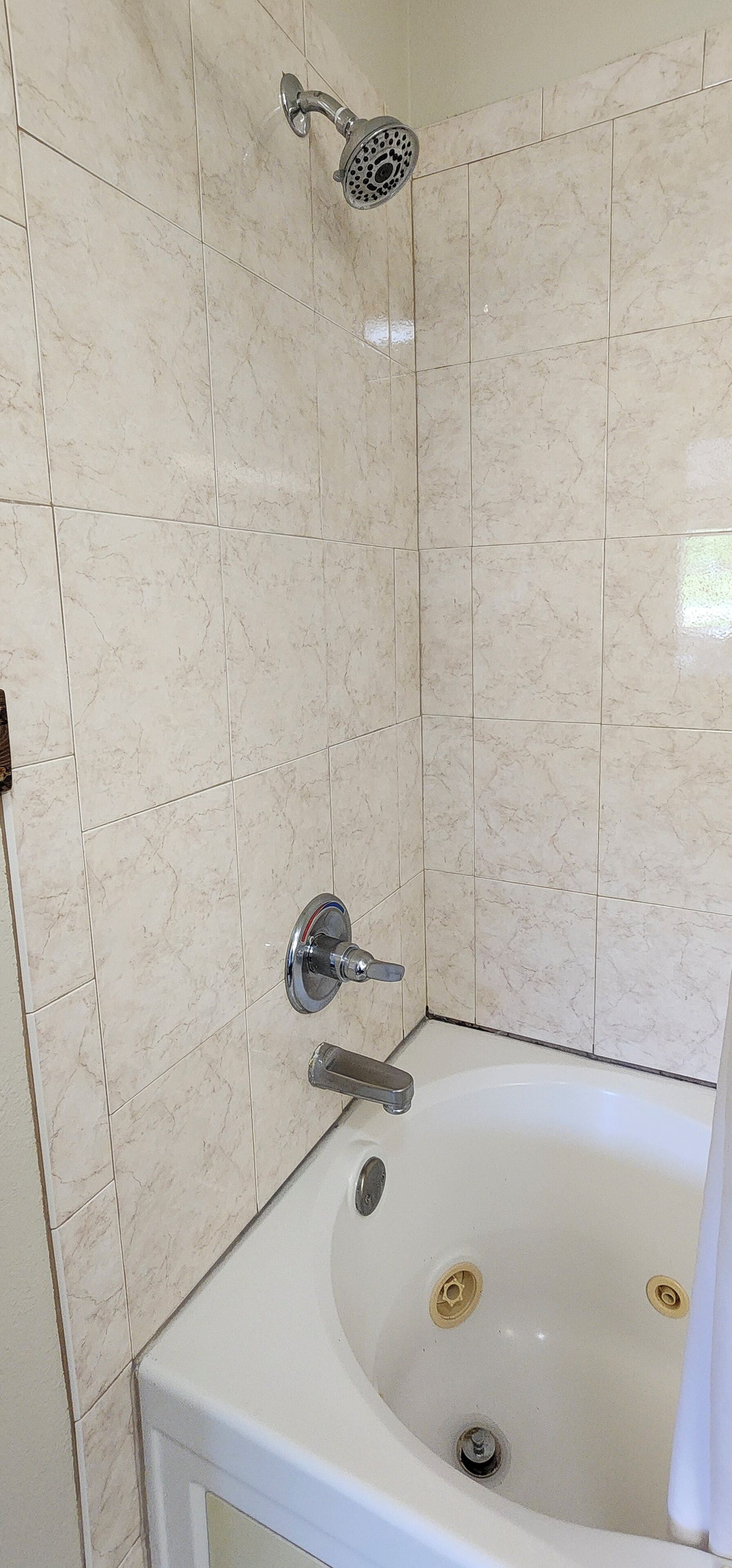 Un baño con una bañera blanca, un cabezal de ducha y un grifo.