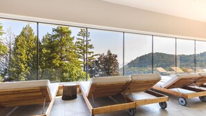 A sunlit room with large windows, wooden lounge chairs, and a view of a forested hillside.