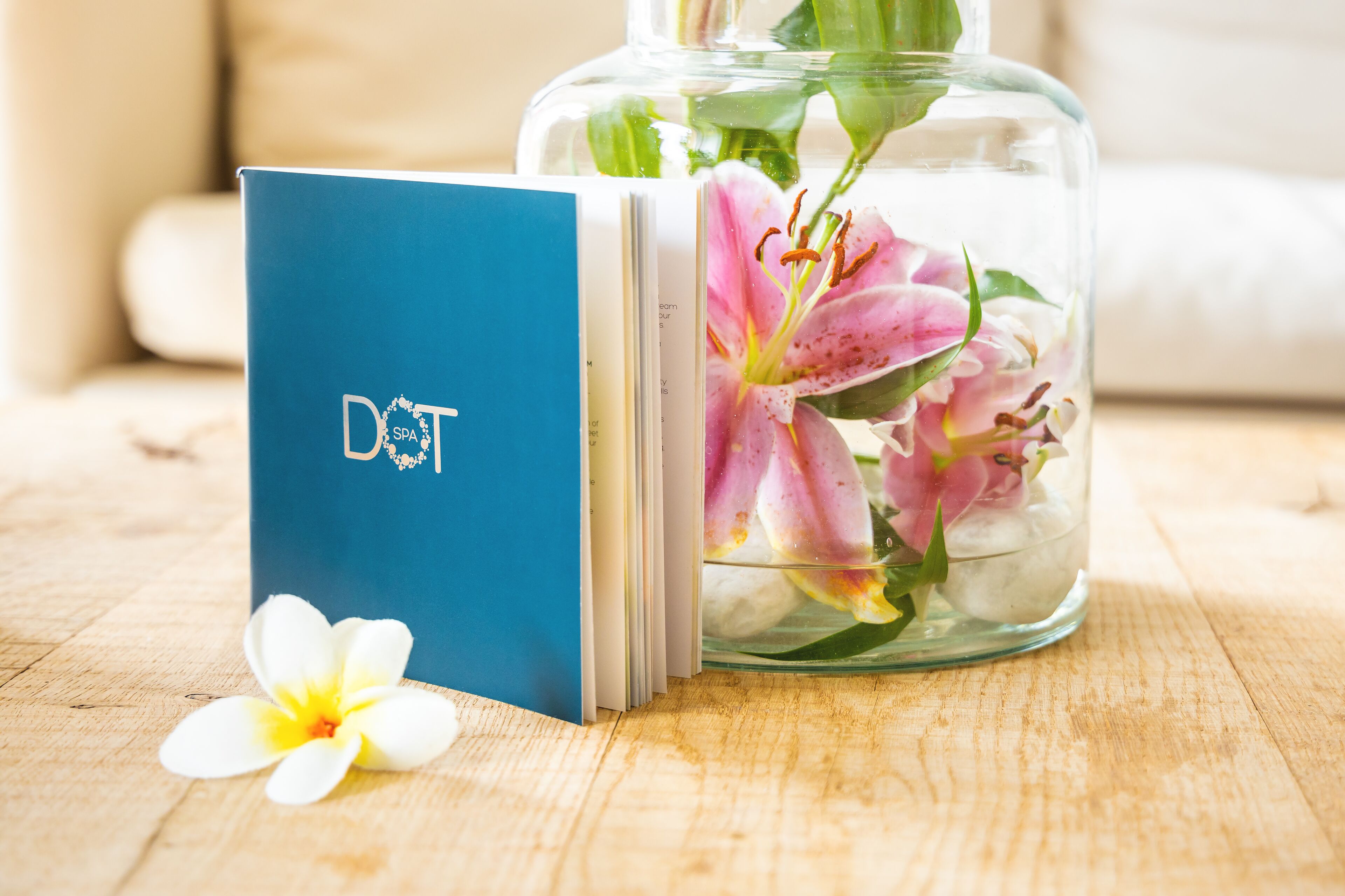 Un livre à couverture bleue avec le mot « DOT » imprimé dessus, un bocal en verre contenant des lys roses et une fleur blanche posée sur une surface en bois.