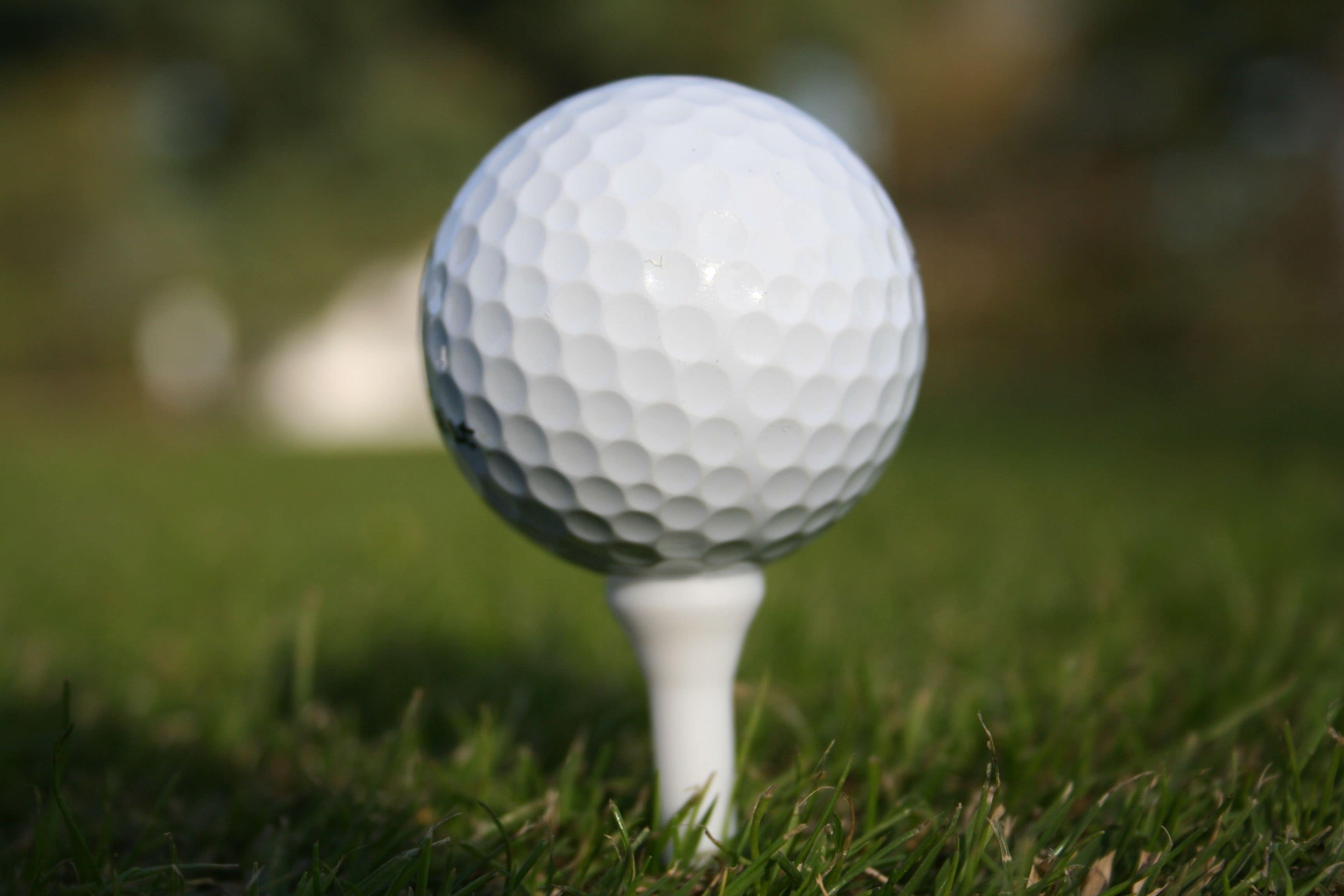 Una pallina da golf su un tee in un prato.